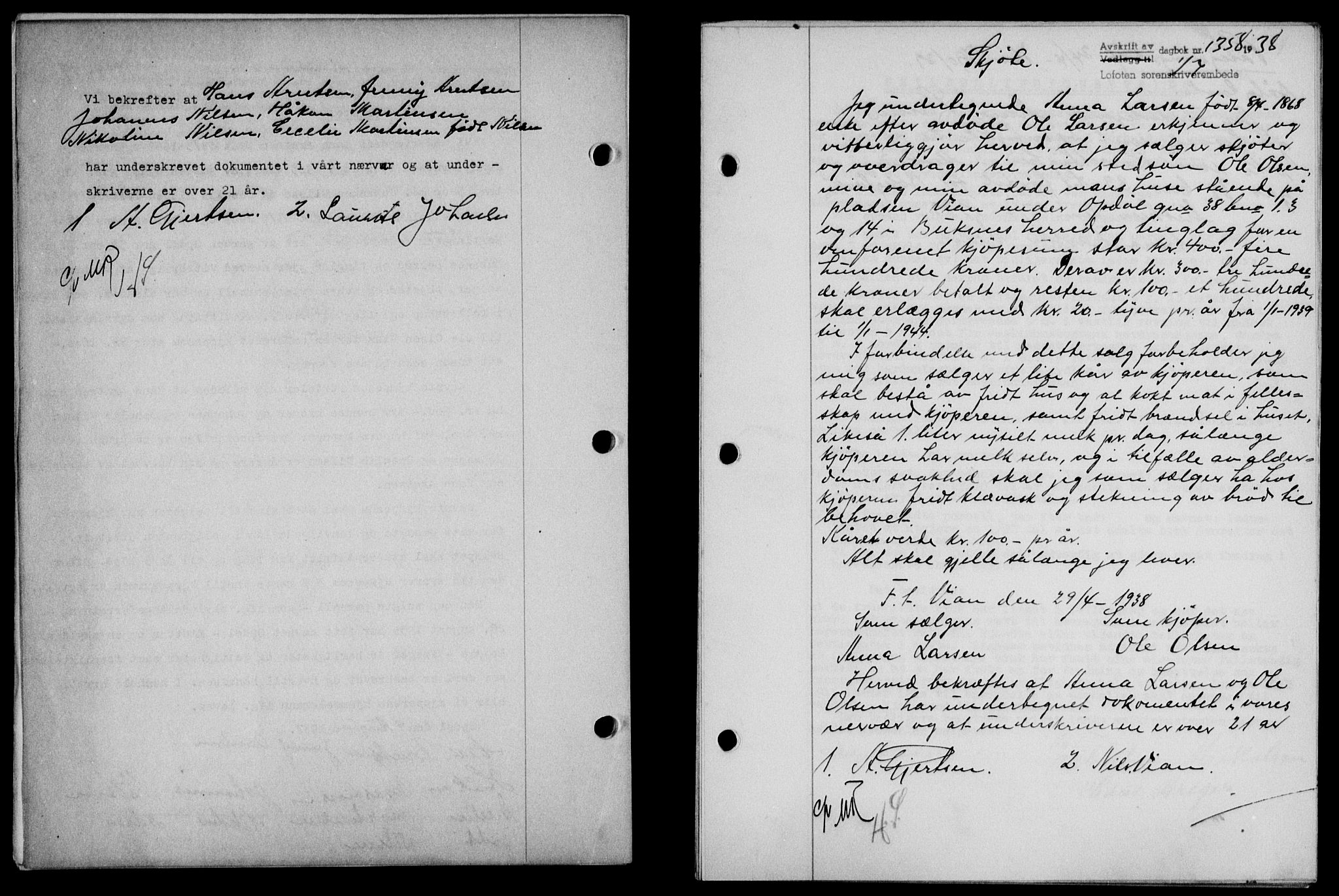 Lofoten sorenskriveri, SAT/A-0017/1/2/2C/L0004a: Mortgage book no. 4a, 1938-1938, Diary no: : 1358/1938