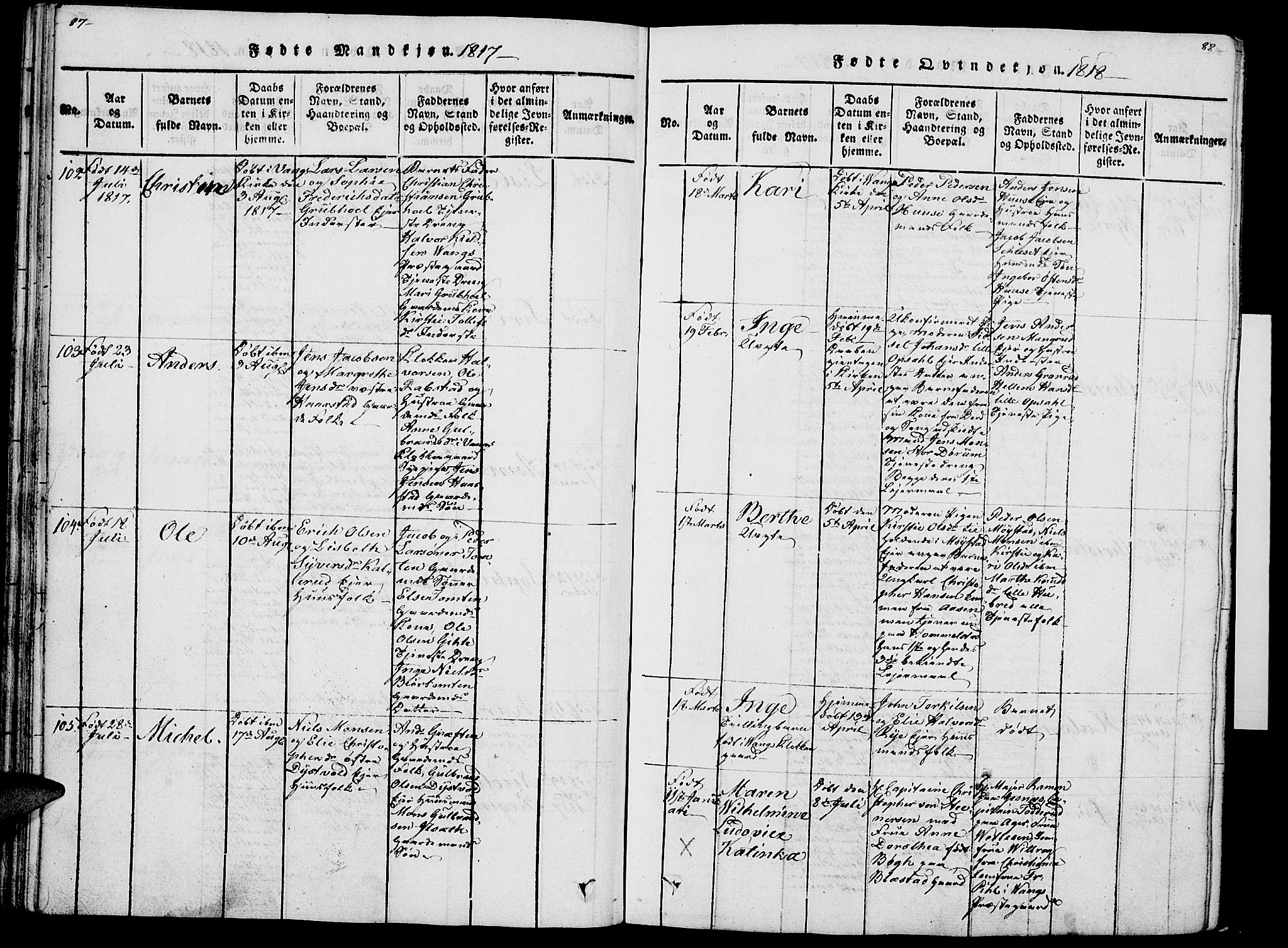 Vang prestekontor, Hedmark, AV/SAH-PREST-008/H/Ha/Haa/L0007: Parish register (official) no. 7, 1813-1826, p. 87-88