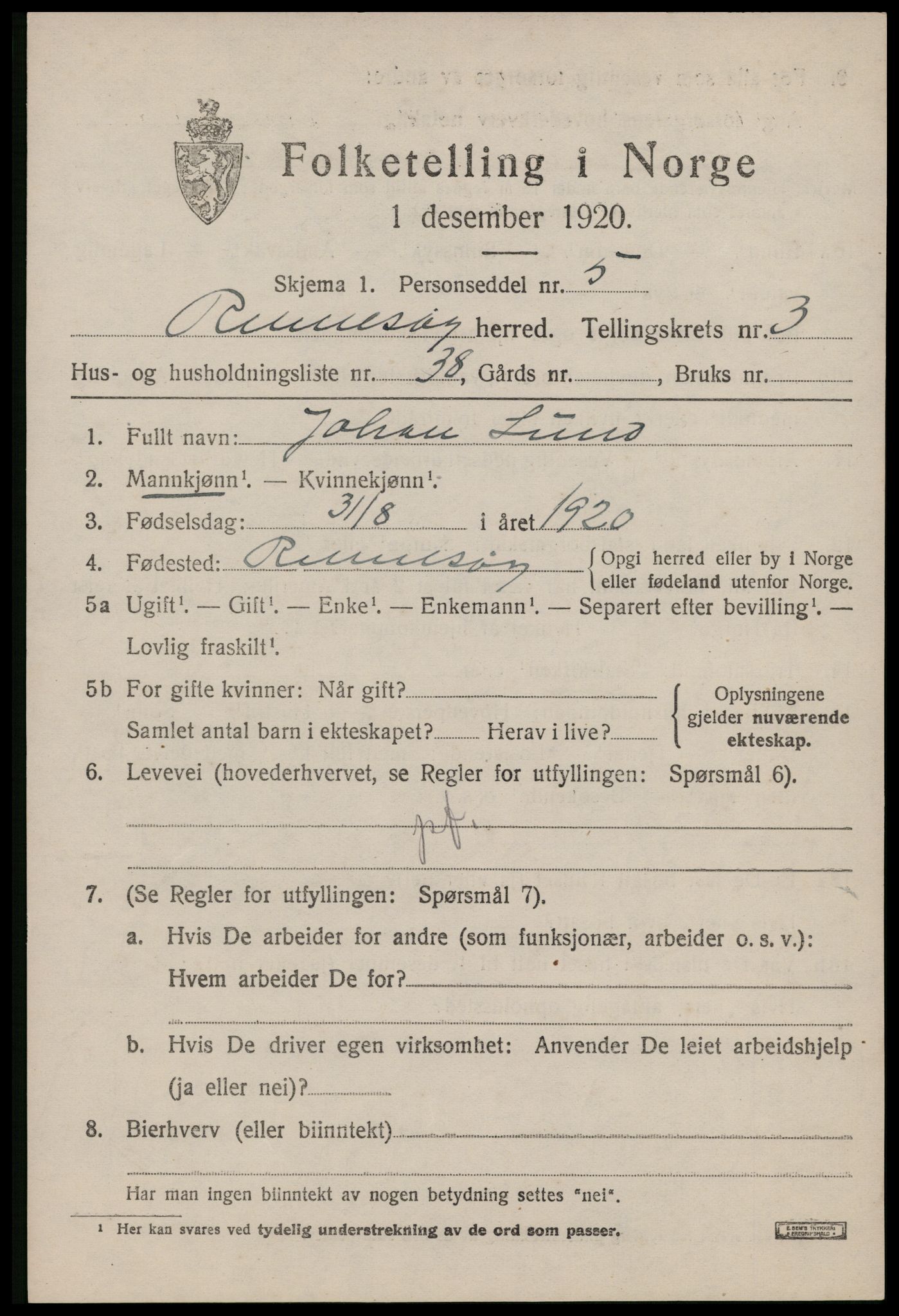 SAST, 1920 census for Rennesøy, 1920, p. 2420