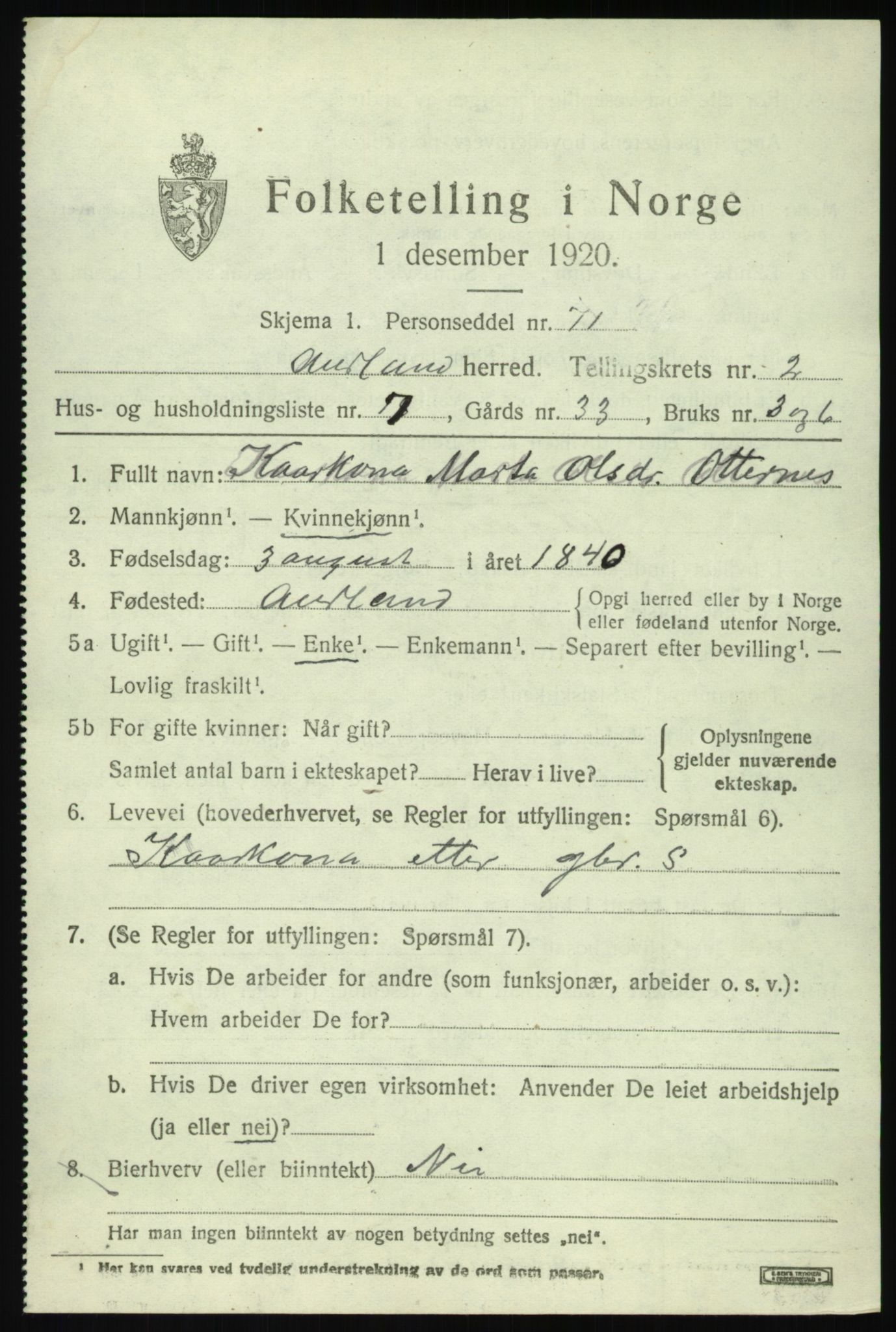 SAB, 1920 census for Aurland, 1920, p. 1894