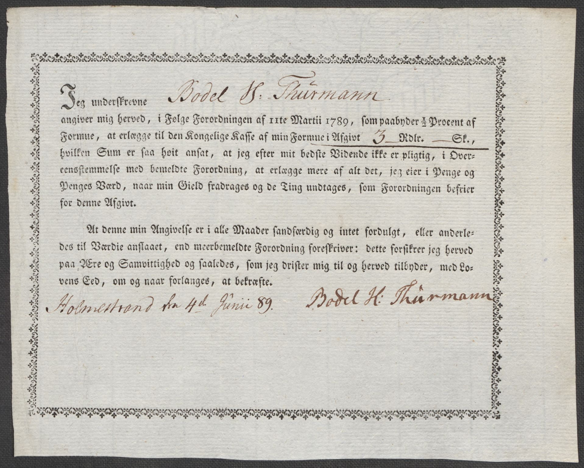 Rentekammeret inntil 1814, Reviderte regnskaper, Mindre regnskaper, AV/RA-EA-4068/Rf/Rfe/L0015: Holmestrand, Idd og Marker fogderi, 1789, p. 65