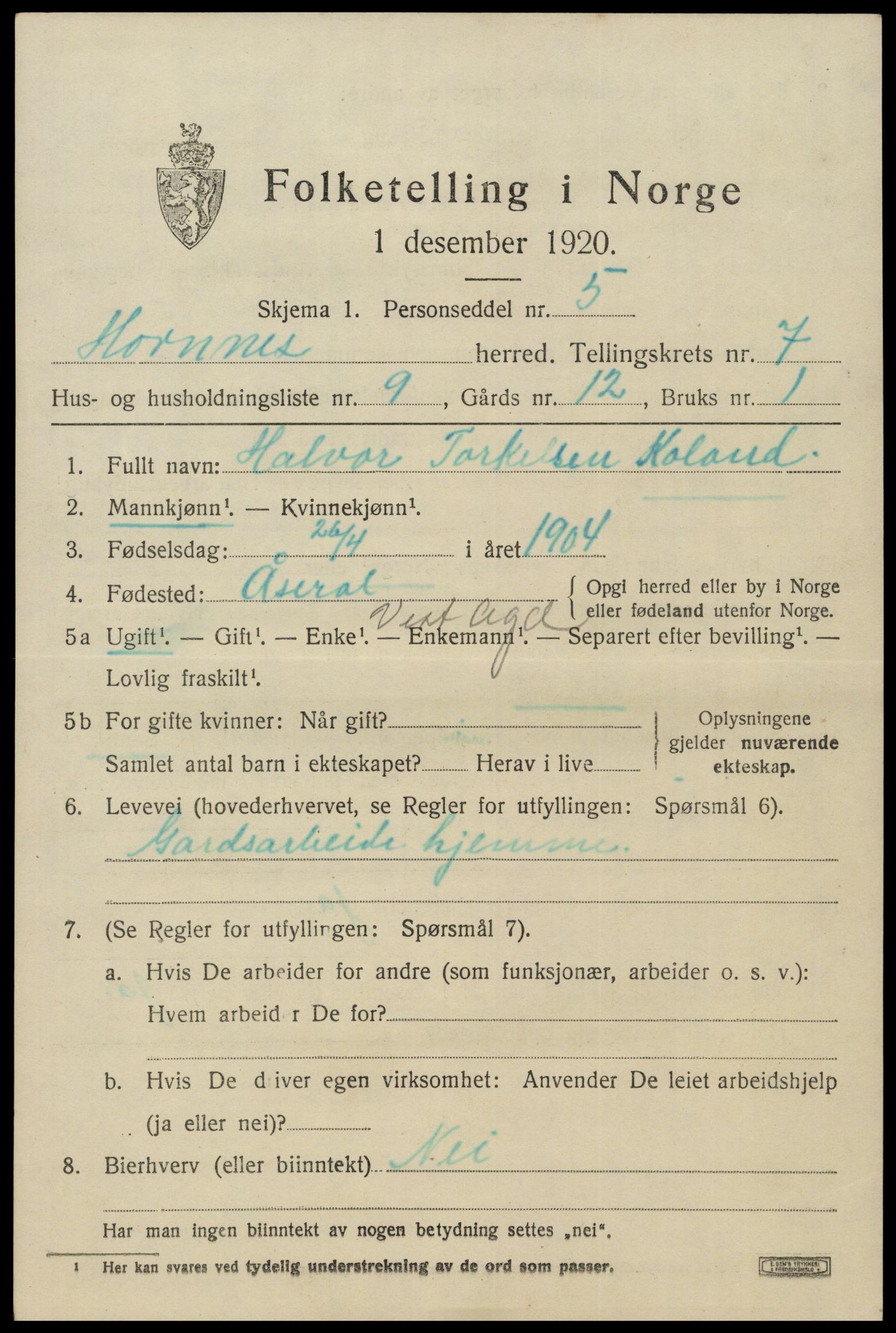SAK, 1920 census for Hornnes, 1920, p. 1755