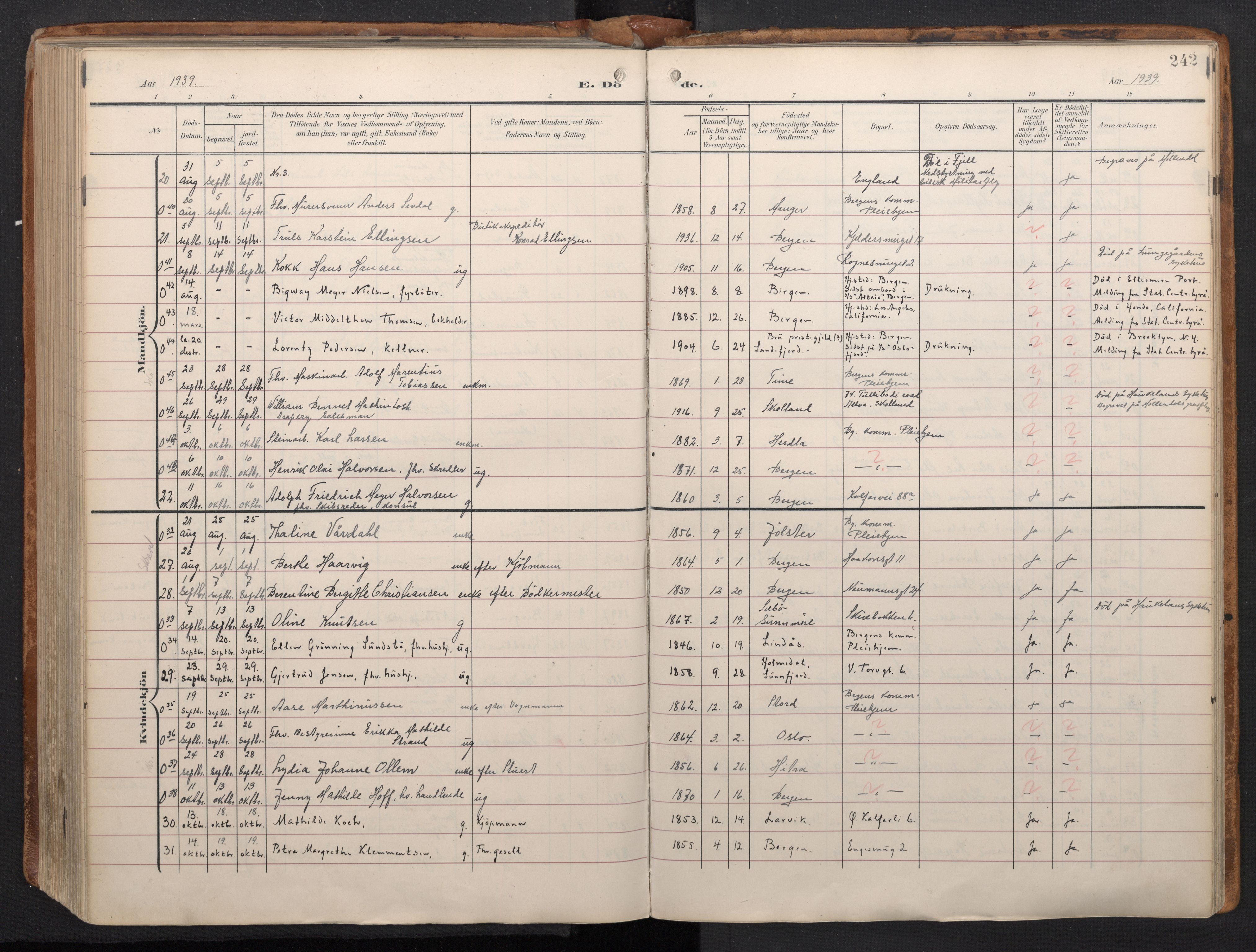 Domkirken sokneprestembete, AV/SAB-A-74801/H/Haa/L0044: Parish register (official) no. E 6, 1904-1946, p. 241b-242a