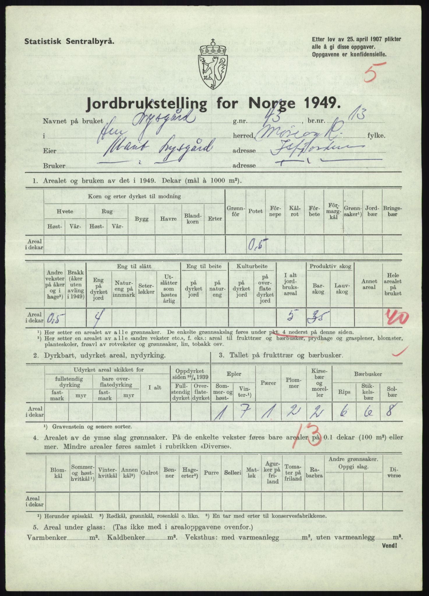 Statistisk sentralbyrå, Næringsøkonomiske emner, Jordbruk, skogbruk, jakt, fiske og fangst, AV/RA-S-2234/G/Gc/L0323: Møre og Romsdal: Grytten og Hen, 1949, p. 511