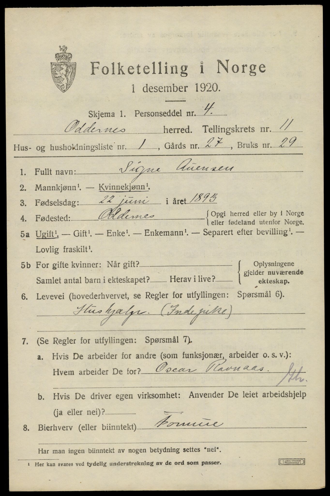 SAK, 1920 census for Oddernes, 1920, p. 7067