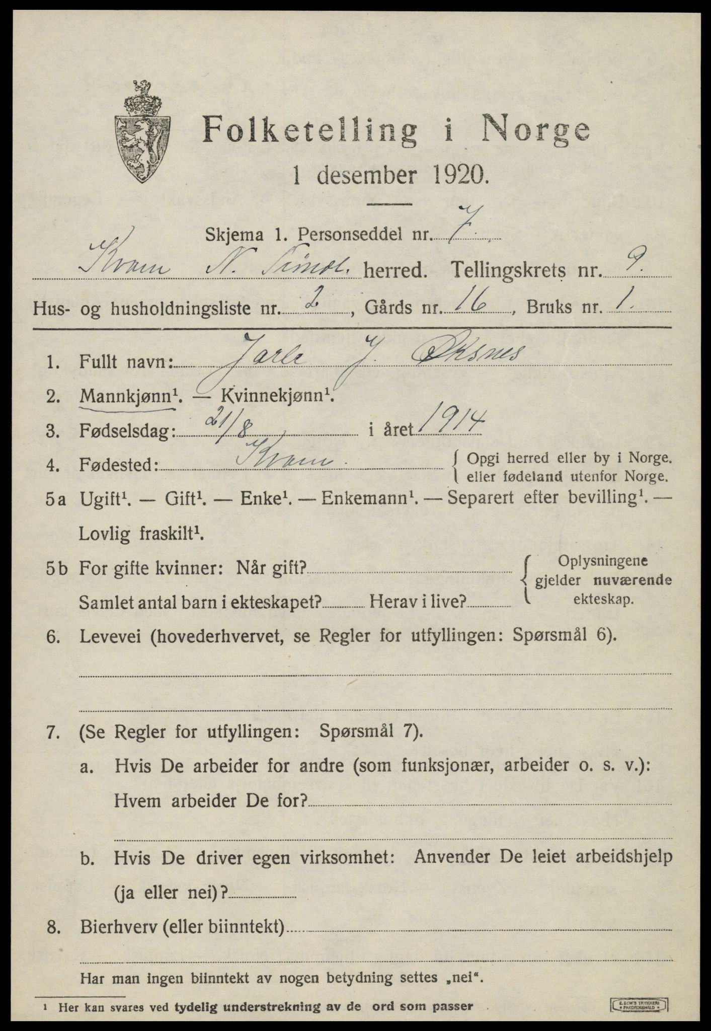 SAT, 1920 census for Kvam, 1920, p. 2353