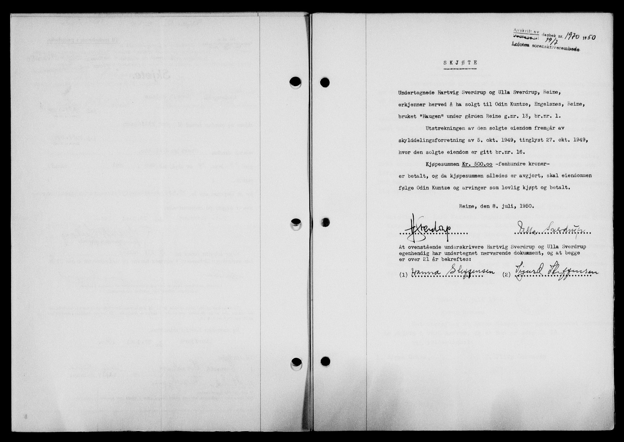 Lofoten sorenskriveri, SAT/A-0017/1/2/2C/L0024a: Mortgage book no. 24a, 1950-1950, Diary no: : 1970/1950