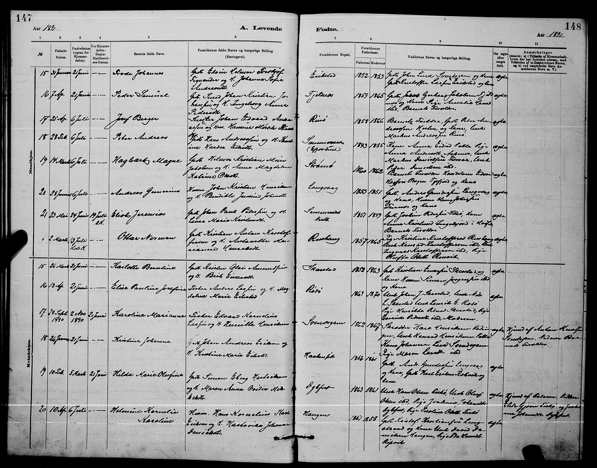 Ministerialprotokoller, klokkerbøker og fødselsregistre - Nordland, SAT/A-1459/872/L1047: Parish register (copy) no. 872C03, 1880-1897, p. 147-148
