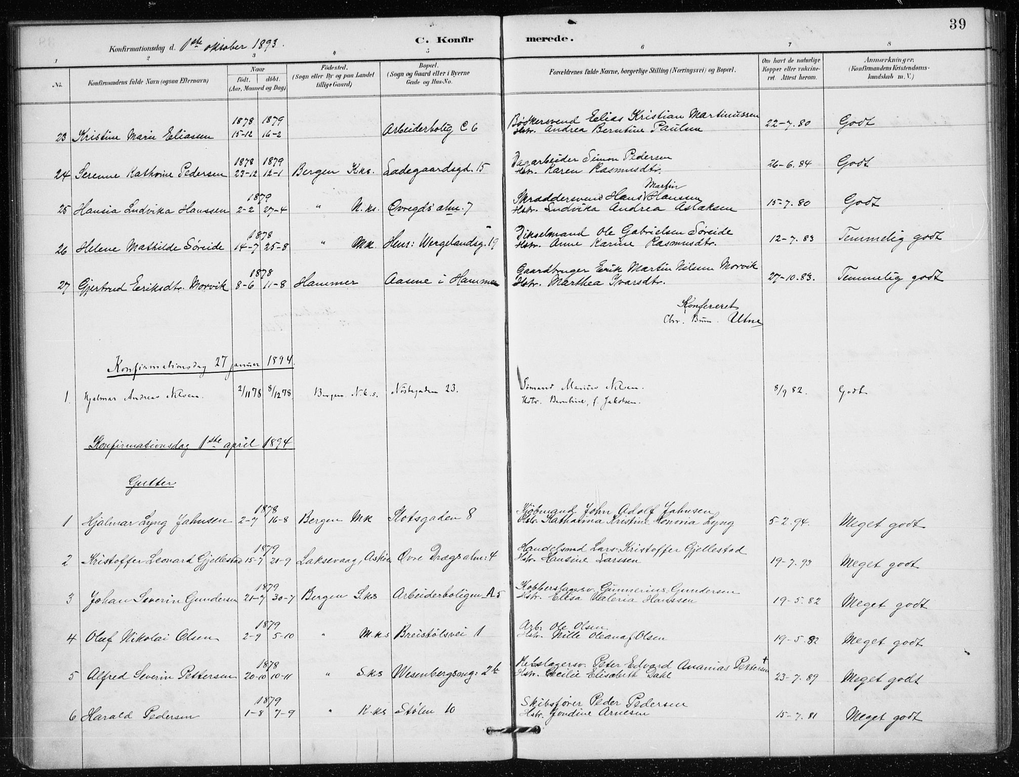 Mariakirken Sokneprestembete, SAB/A-76901/H/Haa/L0013: Parish register (official) no. C 1, 1889-1900, p. 39