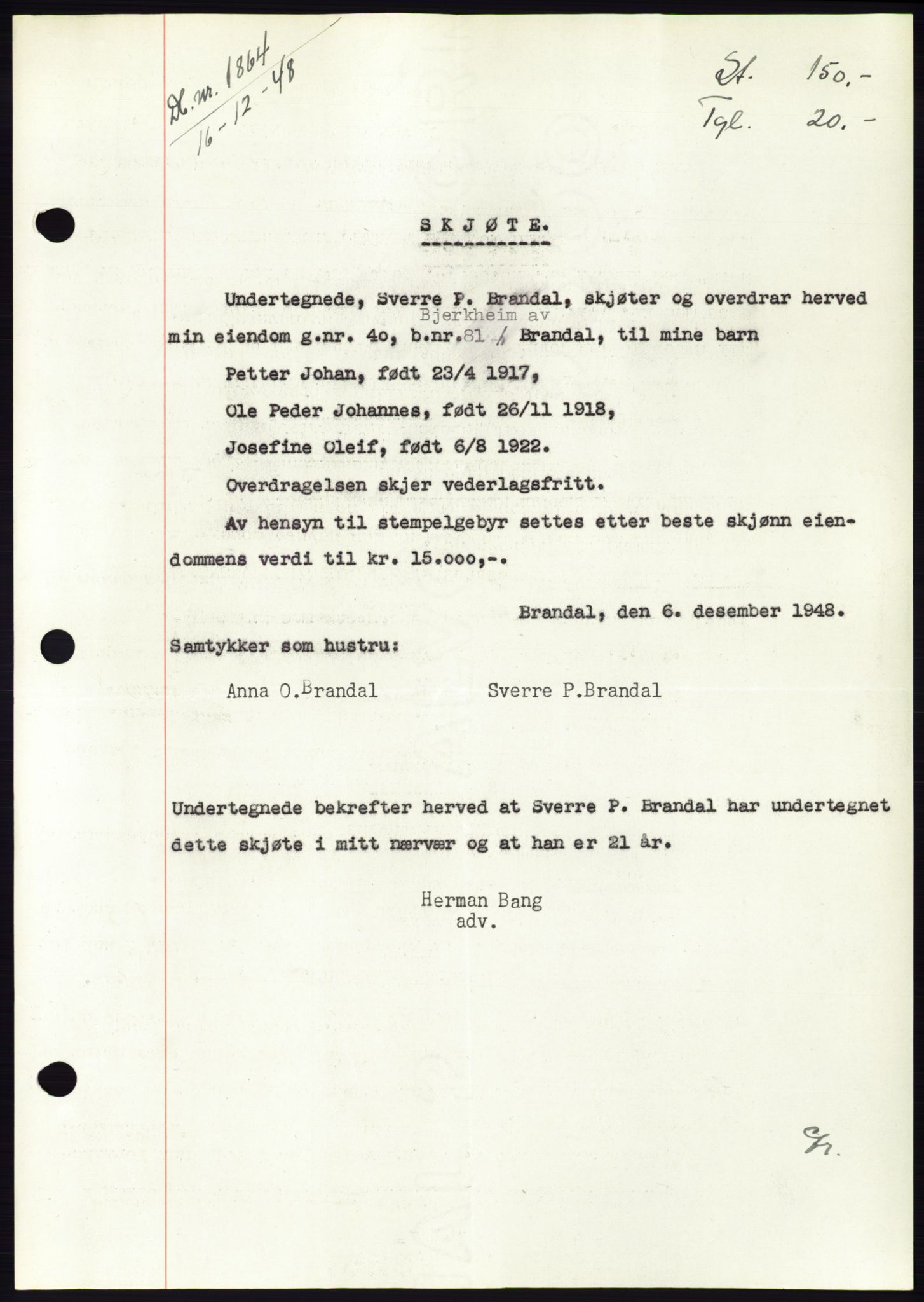 Søre Sunnmøre sorenskriveri, AV/SAT-A-4122/1/2/2C/L0083: Mortgage book no. 9A, 1948-1949, Diary no: : 1864/1948