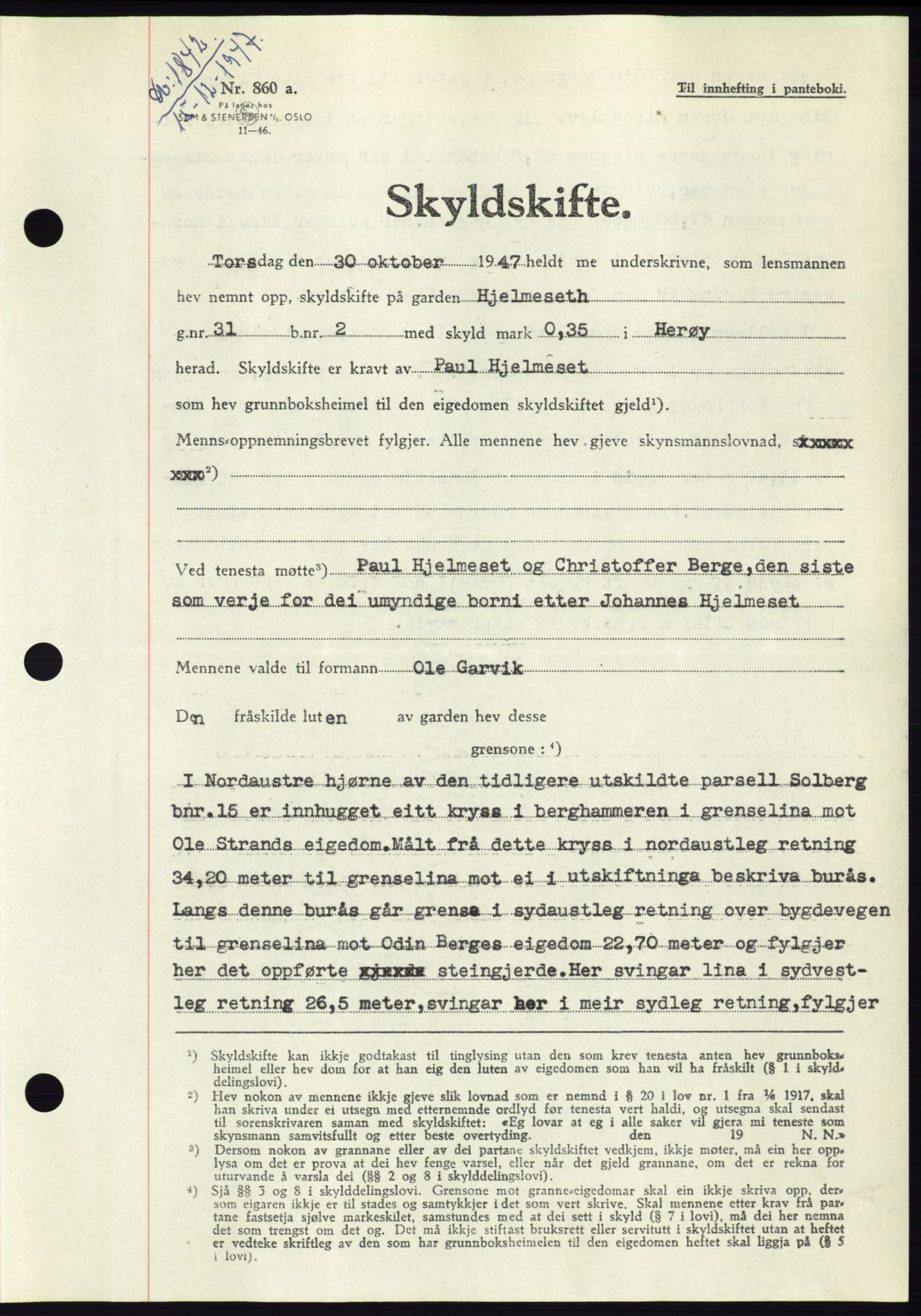 Søre Sunnmøre sorenskriveri, AV/SAT-A-4122/1/2/2C/L0081: Mortgage book no. 7A, 1947-1948, Diary no: : 1842/1947