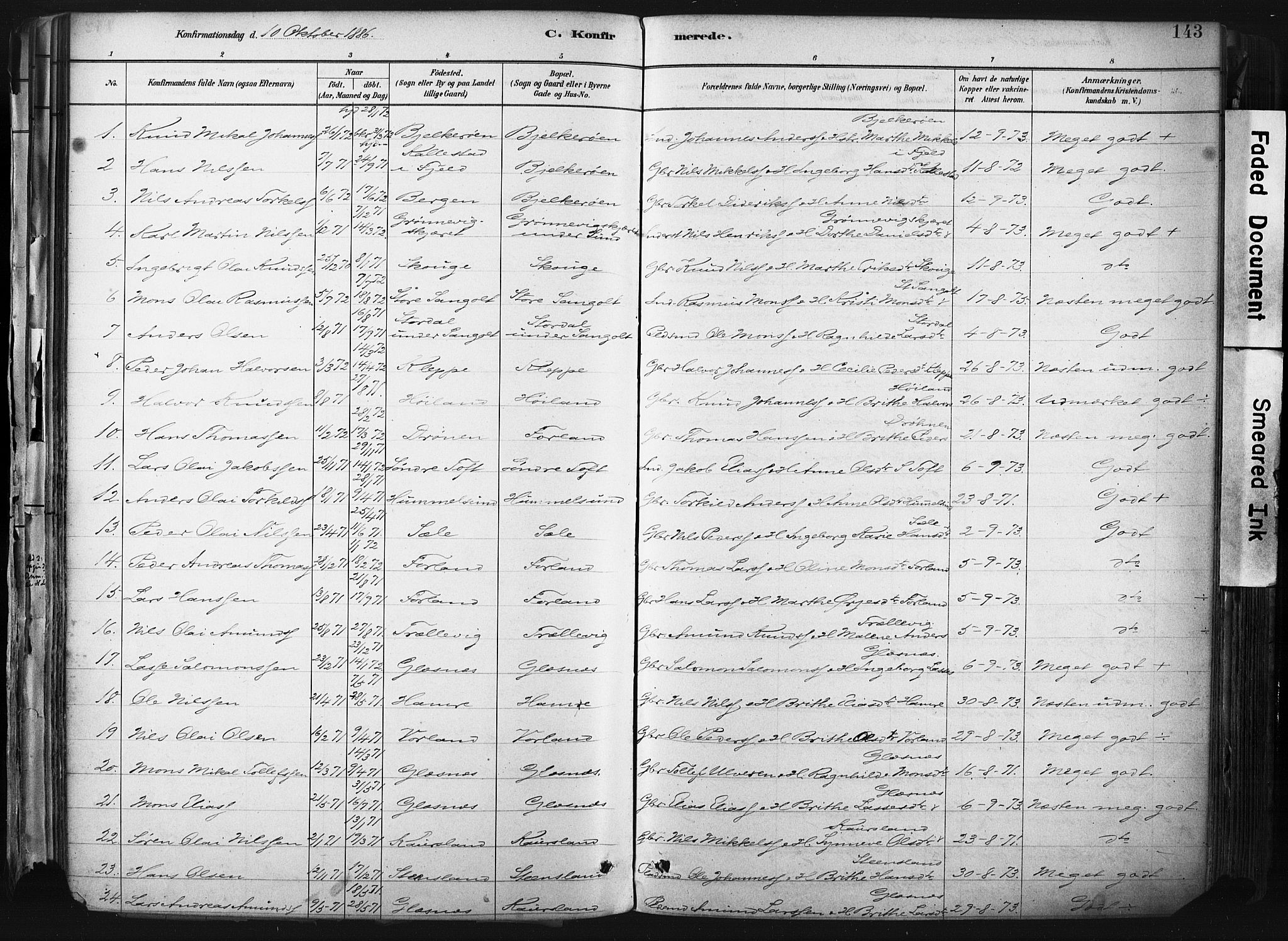 Sund sokneprestembete, AV/SAB-A-99930: Parish register (official) no. B 1, 1882-1907, p. 143