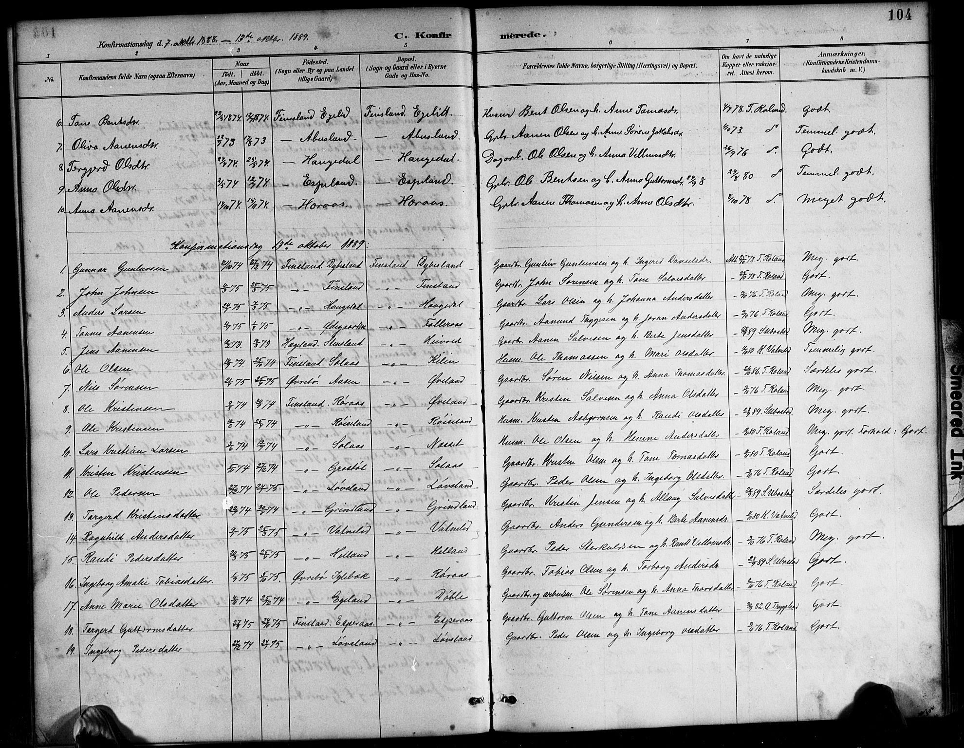 Bjelland sokneprestkontor, SAK/1111-0005/F/Fb/Fbb/L0005: Parish register (copy) no. B 5, 1887-1918, p. 104