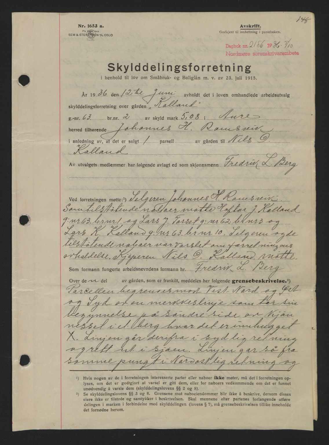 Nordmøre sorenskriveri, AV/SAT-A-4132/1/2/2Ca: Mortgage book no. A80, 1936-1937, Diary no: : 2186/1936