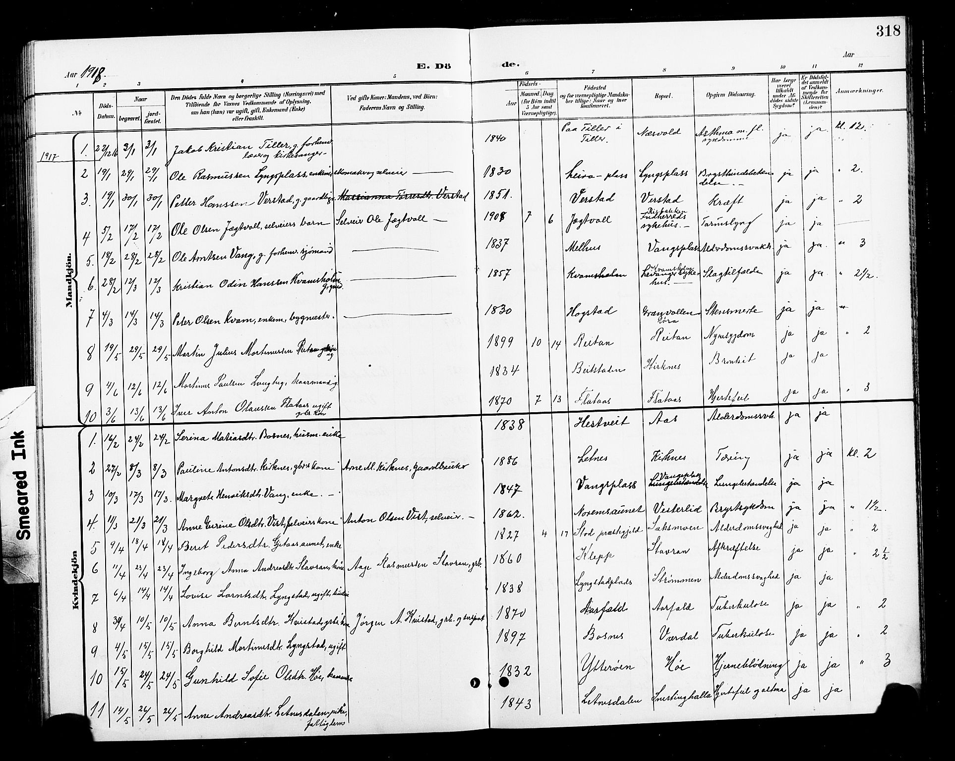 Ministerialprotokoller, klokkerbøker og fødselsregistre - Nord-Trøndelag, AV/SAT-A-1458/730/L0302: Parish register (copy) no. 730C05, 1898-1924, p. 318