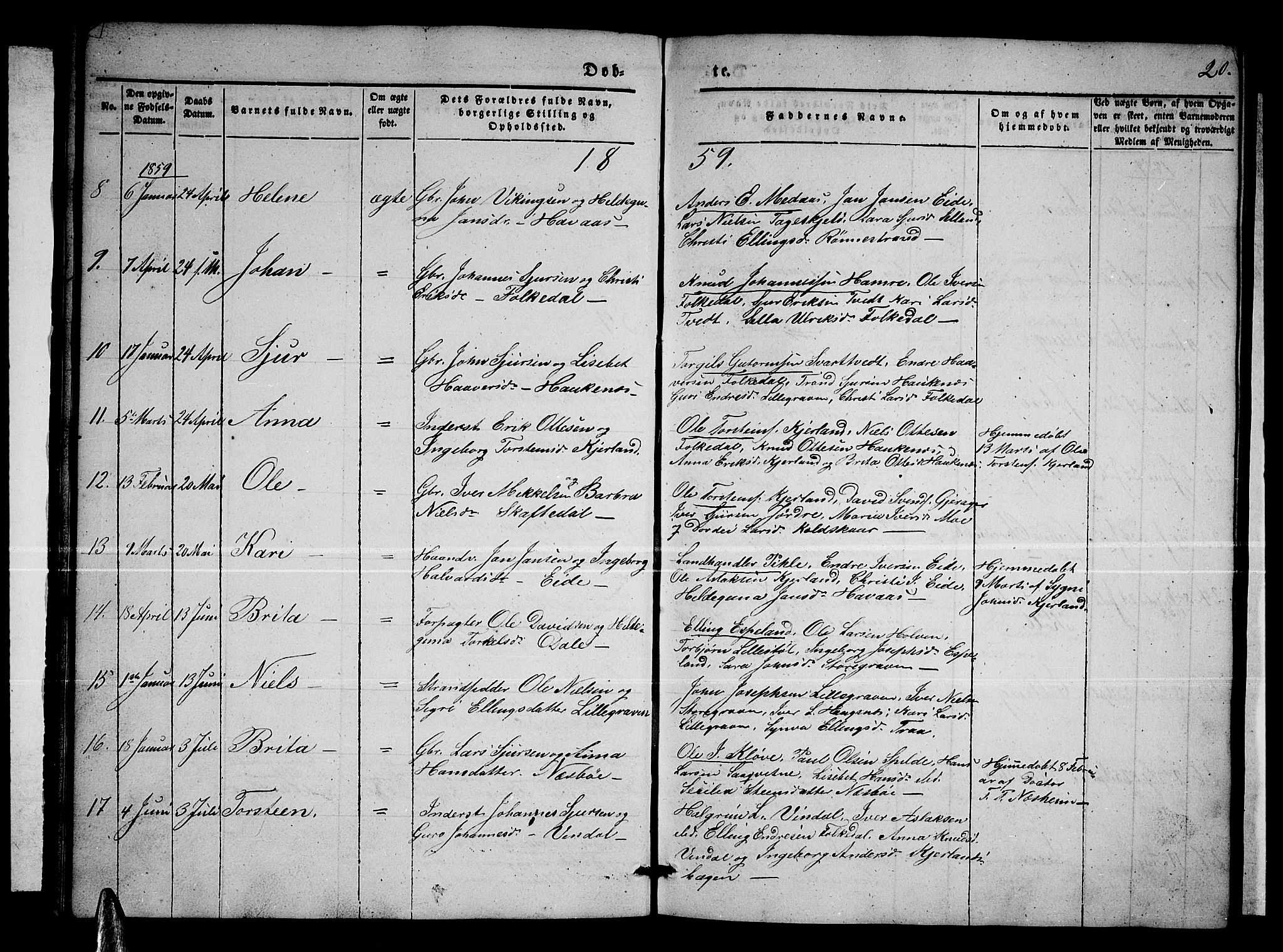 Ulvik sokneprestembete, SAB/A-78801/H/Hab: Parish register (copy) no. B 1, 1855-1868, p. 20