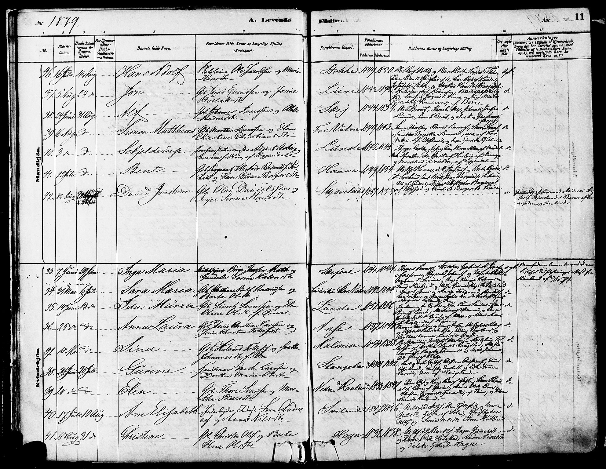 Høyland sokneprestkontor, AV/SAST-A-101799/001/30BA/L0011: Parish register (official) no. A 10, 1878-1888, p. 11