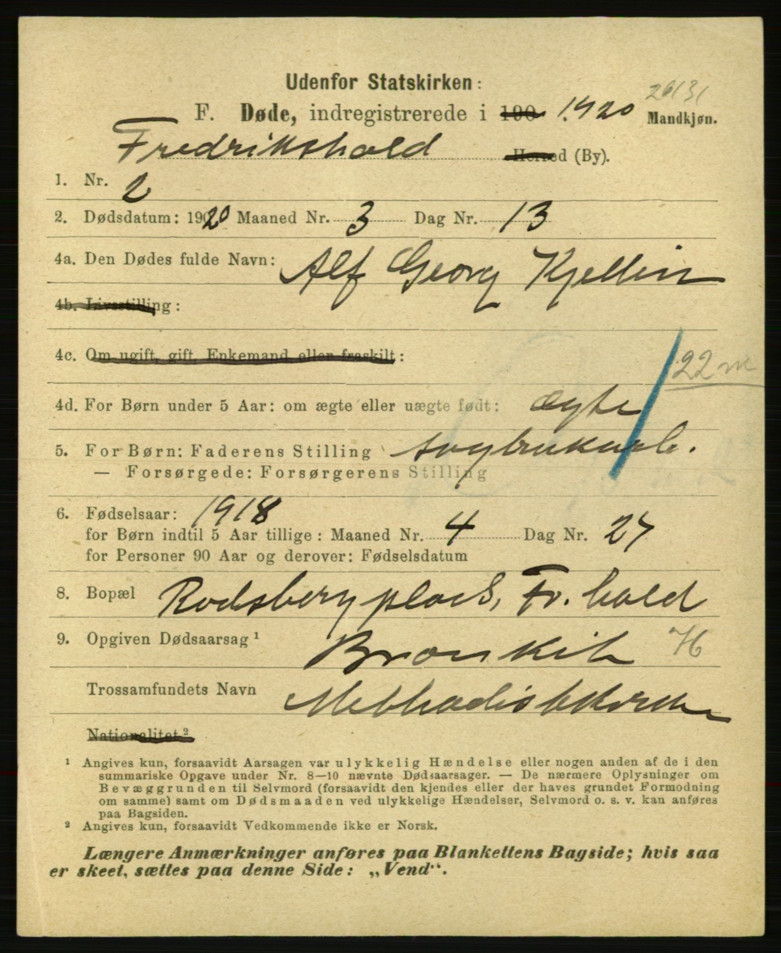 Statistisk sentralbyrå, Sosiodemografiske emner, Befolkning, AV/RA-S-2228/E/L0018: Fødte, gifte, døde dissentere., 1920, p. 2647