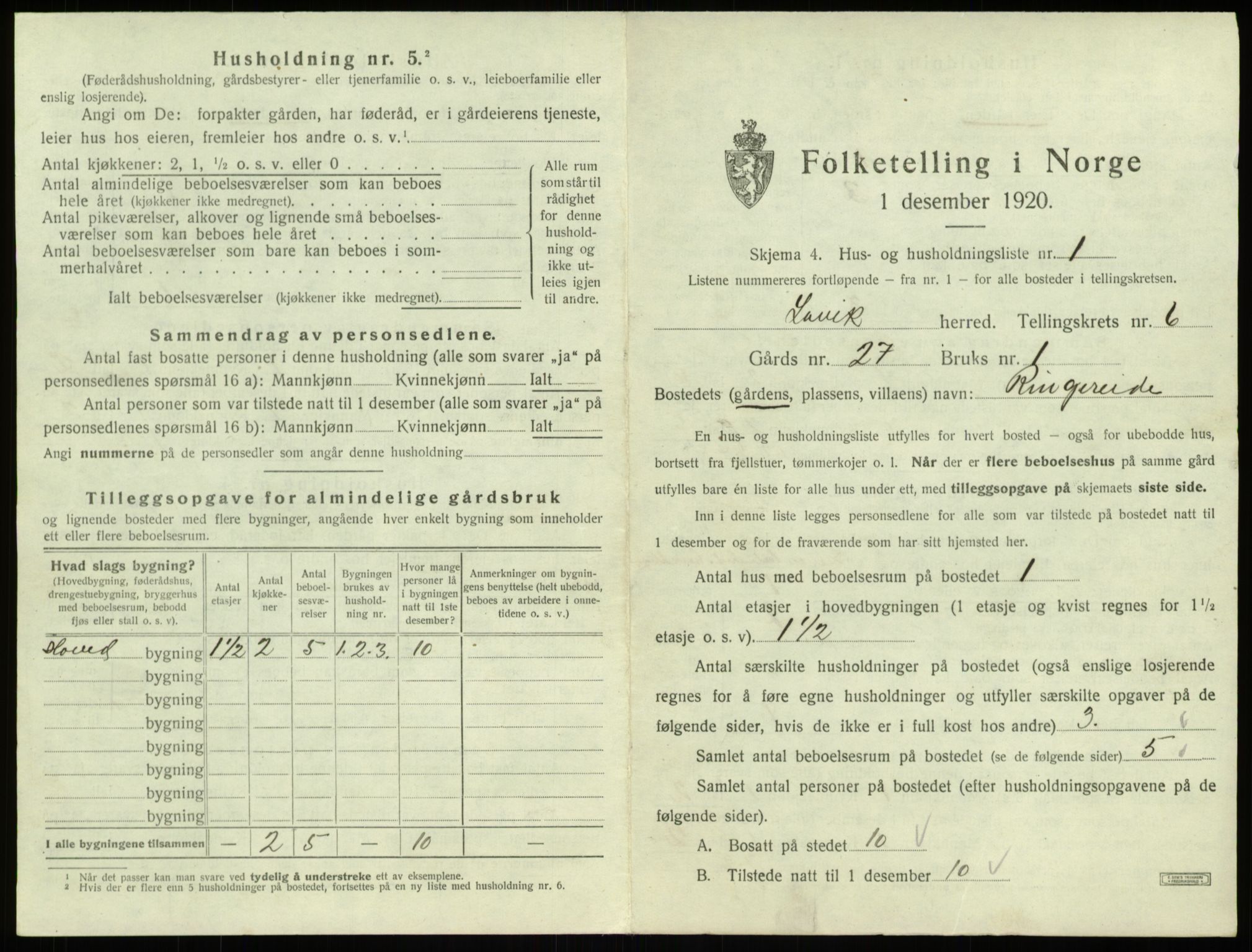SAB, 1920 census for Lavik, 1920, p. 192