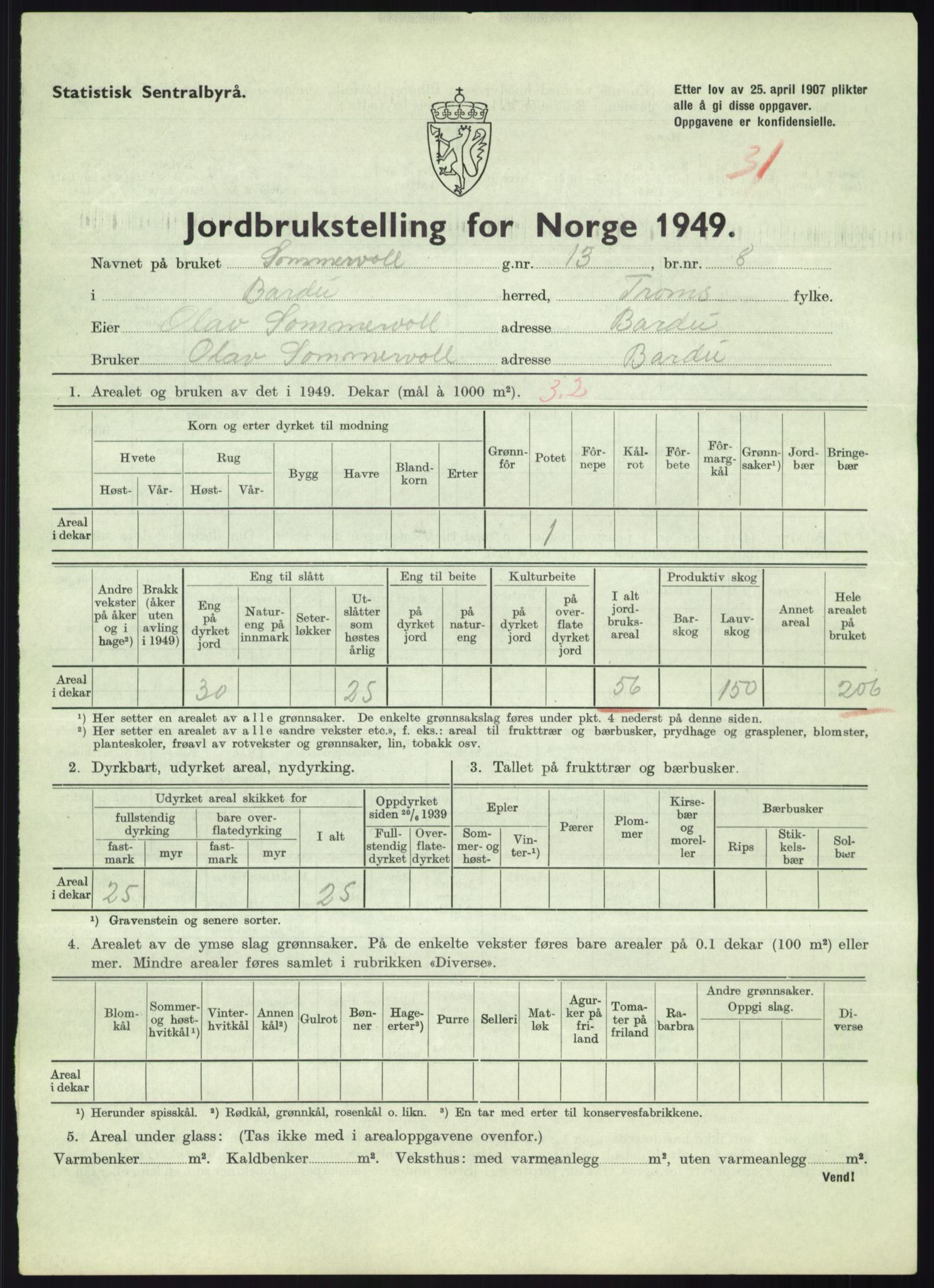 Statistisk sentralbyrå, Næringsøkonomiske emner, Jordbruk, skogbruk, jakt, fiske og fangst, AV/RA-S-2234/G/Gc/L0438: Troms: Salangen og Bardu, 1949, p. 1463