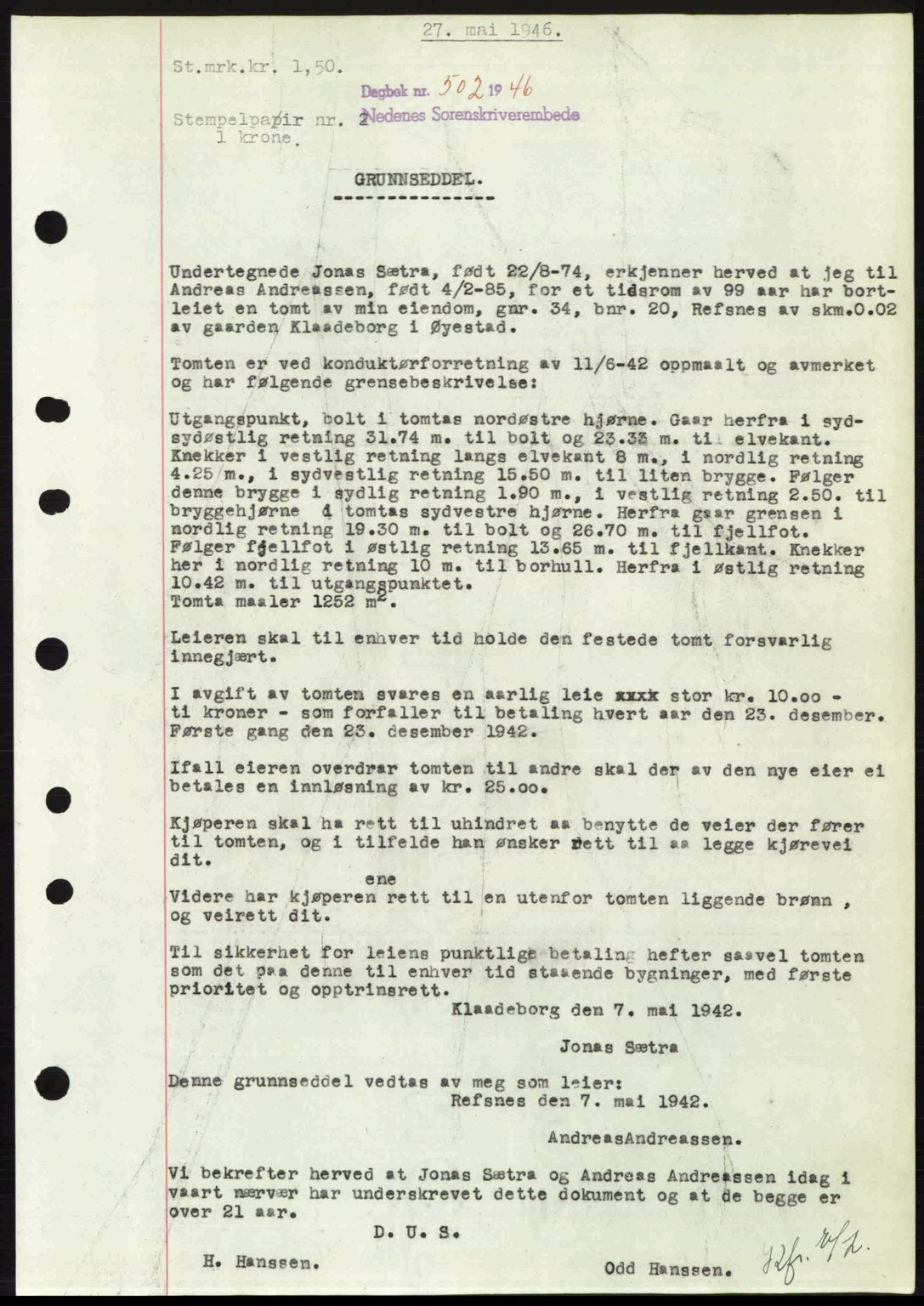 Nedenes sorenskriveri, SAK/1221-0006/G/Gb/Gba/L0054: Mortgage book no. A6c, 1946-1946, Diary no: : 502/1946