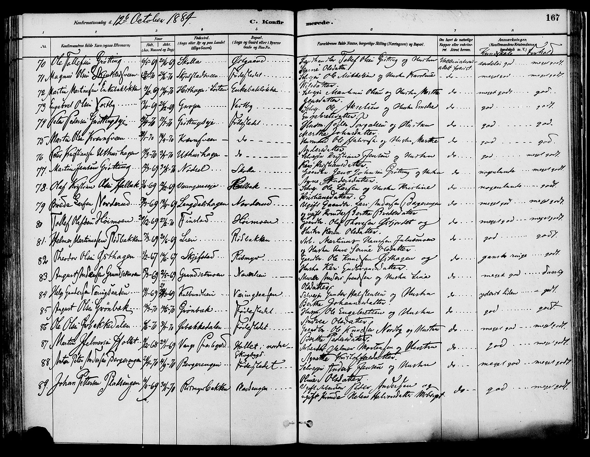 Elverum prestekontor, SAH/PREST-044/H/Ha/Haa/L0013: Parish register (official) no. 13, 1880-1890, p. 167