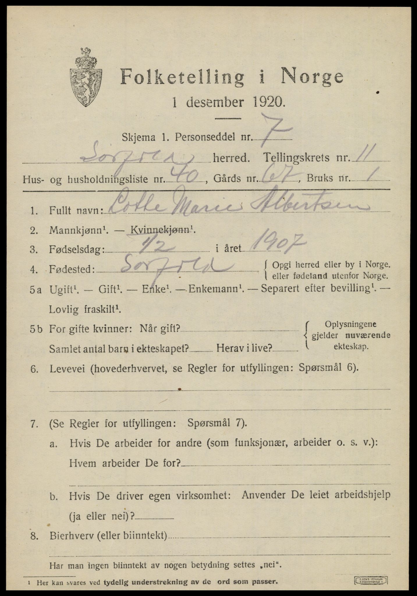 SAT, 1920 census for Sørfold, 1920, p. 6091