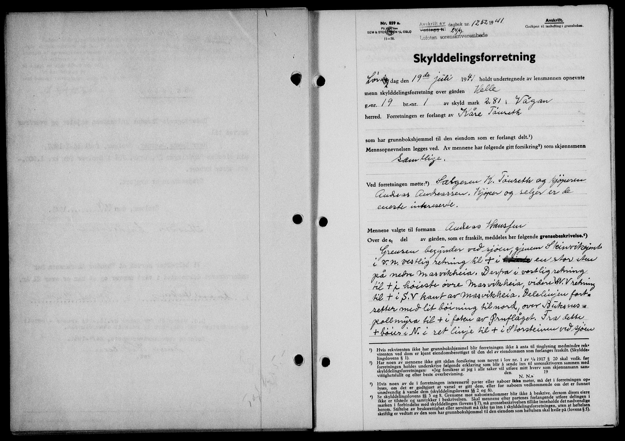 Lofoten sorenskriveri, SAT/A-0017/1/2/2C/L0008a: Mortgage book no. 8a, 1940-1941, Diary no: : 1252/1941