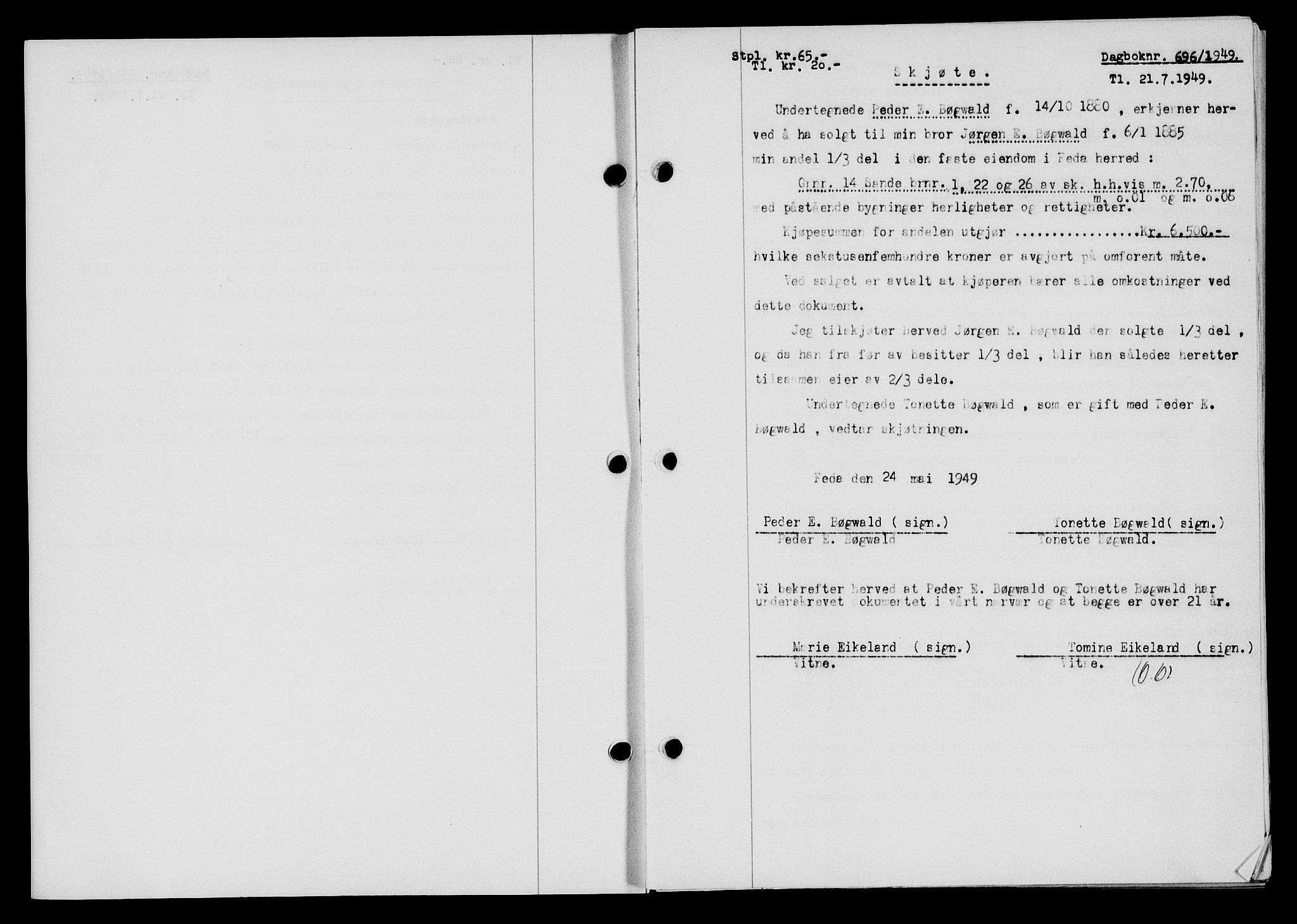 Flekkefjord sorenskriveri, SAK/1221-0001/G/Gb/Gba/L0065: Mortgage book no. A-13, 1949-1949, Diary no: : 696/1949
