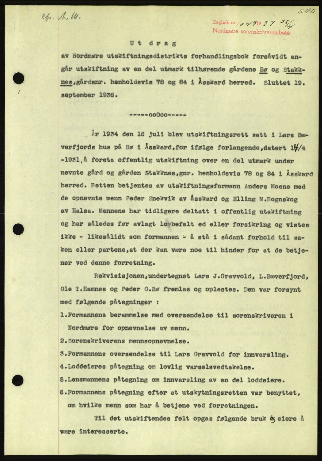 Nordmøre sorenskriveri, AV/SAT-A-4132/1/2/2Ca: Mortgage book no. A81, 1937-1937, Diary no: : 1049/1937