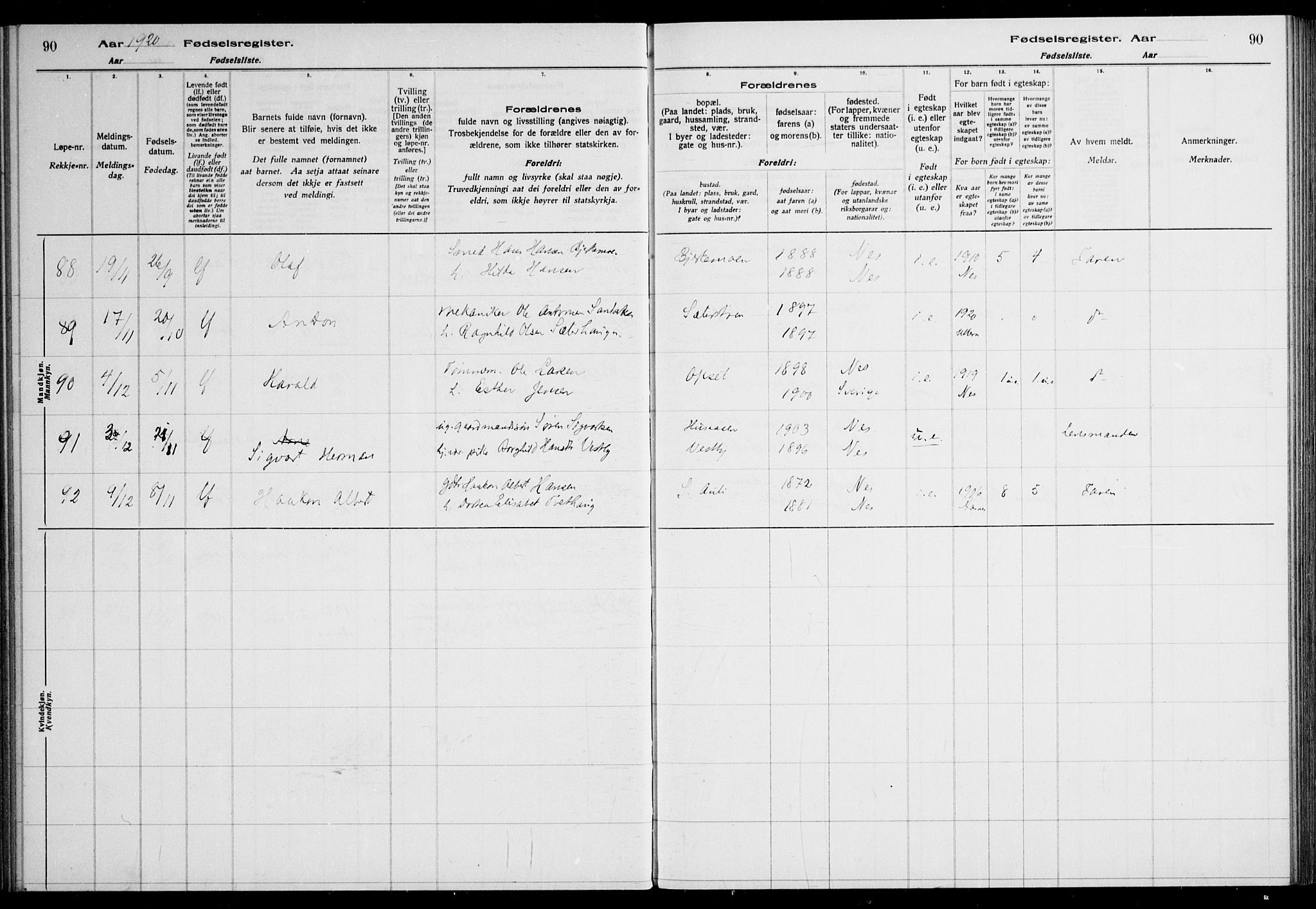 Nes prestekontor Kirkebøker, AV/SAO-A-10410/J/Ja/L0001: Birth register no. 1, 1916-1926, p. 90