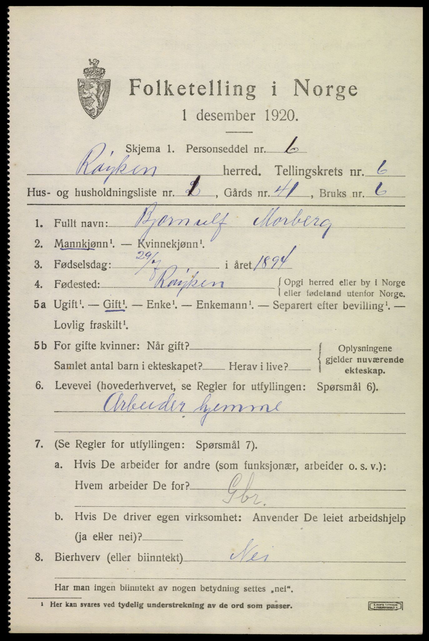 SAKO, 1920 census for Røyken, 1920, p. 9726