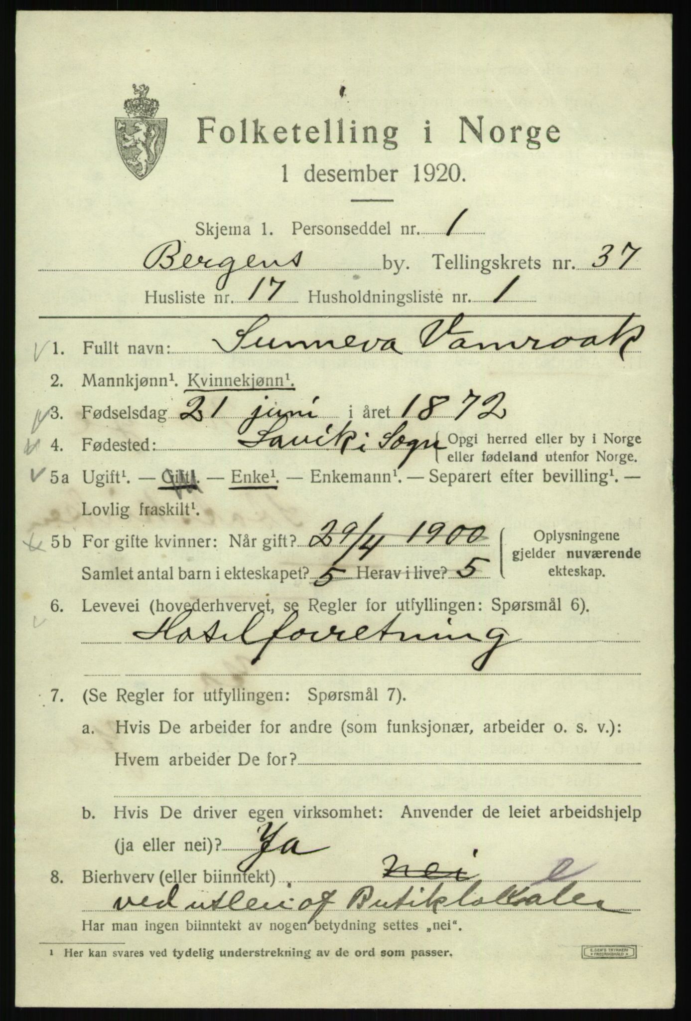 SAB, 1920 census for Bergen, 1920, p. 104402