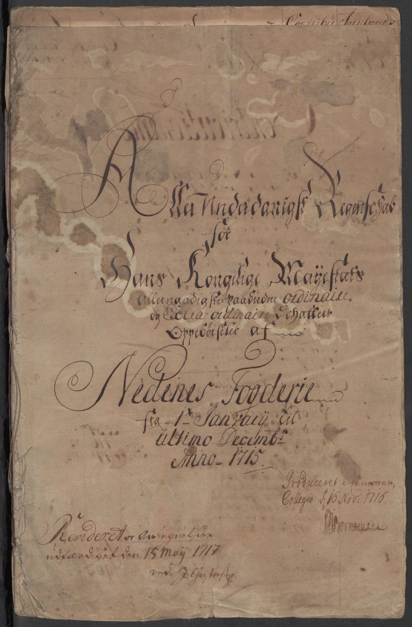 Rentekammeret inntil 1814, Reviderte regnskaper, Fogderegnskap, RA/EA-4092/R39/L2323: Fogderegnskap Nedenes, 1715, p. 3