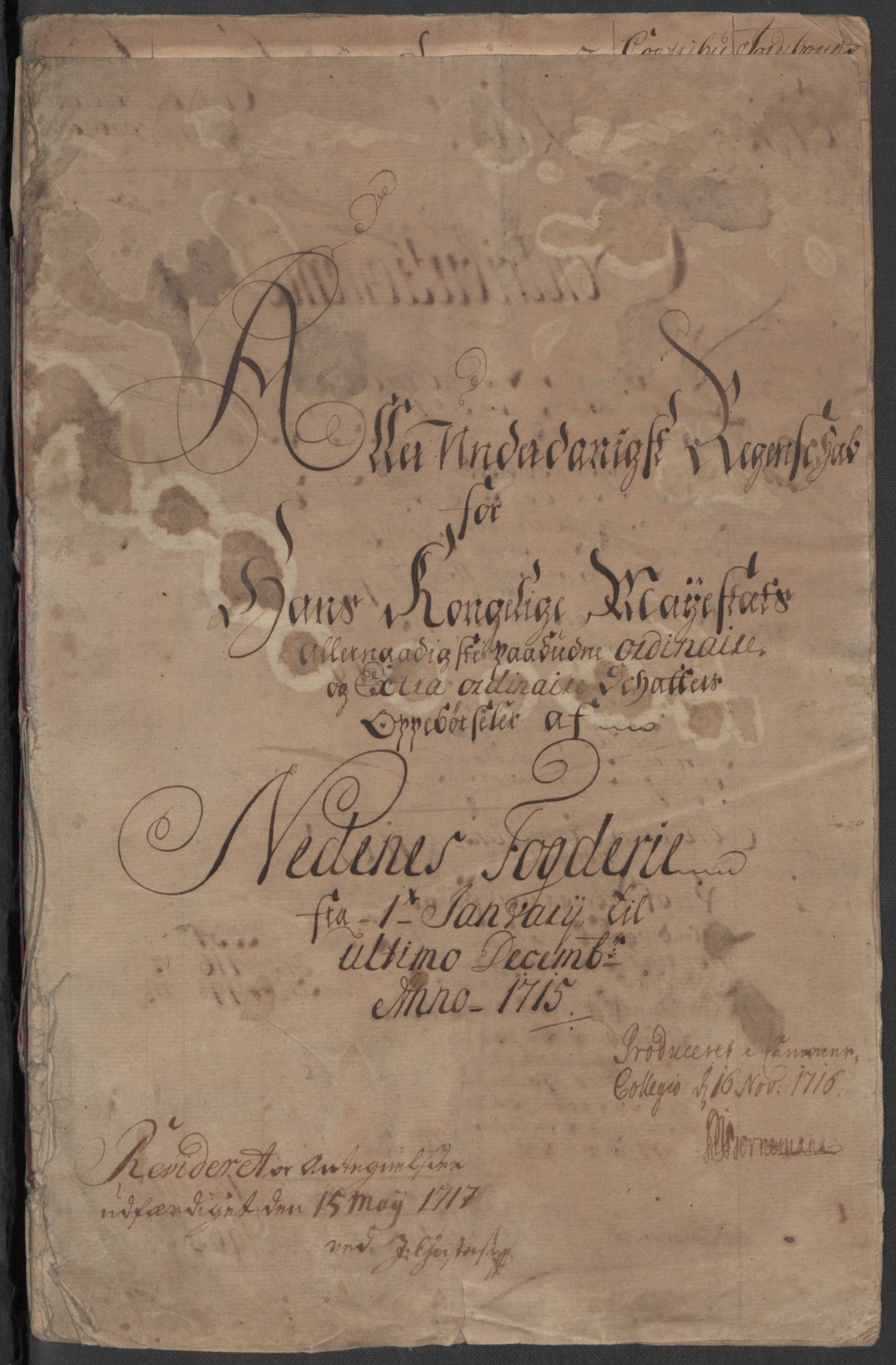 Rentekammeret inntil 1814, Reviderte regnskaper, Fogderegnskap, AV/RA-EA-4092/R39/L2323: Fogderegnskap Nedenes, 1715, p. 3