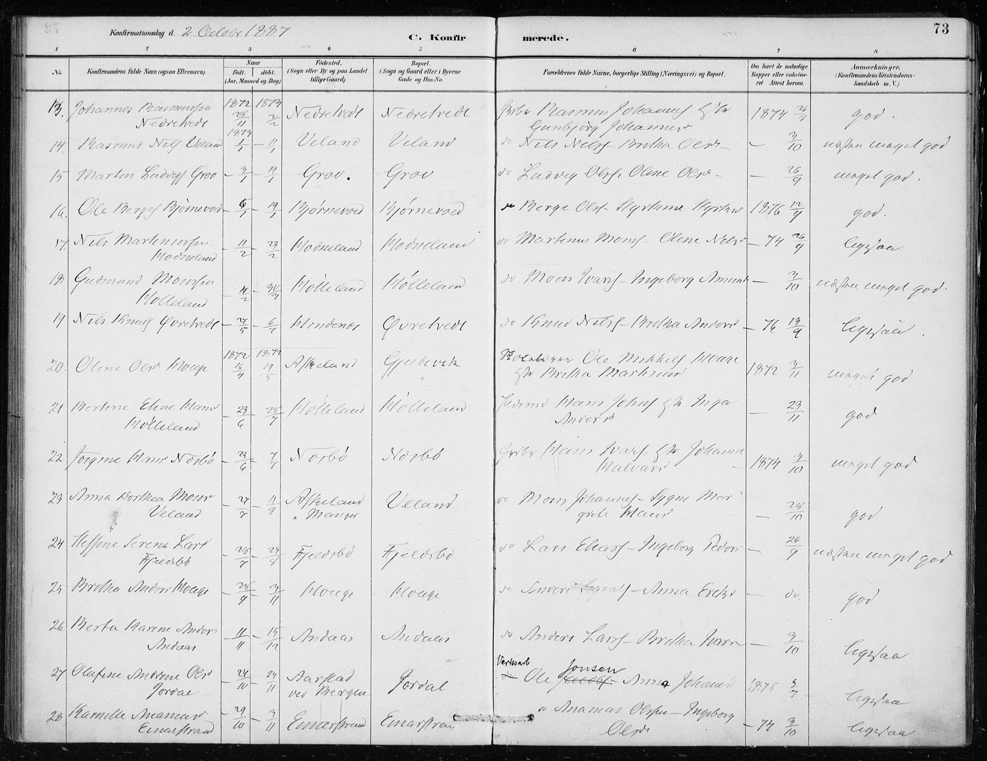 Lindås Sokneprestembete, SAB/A-76701/H/Haa: Parish register (official) no. F  1, 1886-1897, p. 73