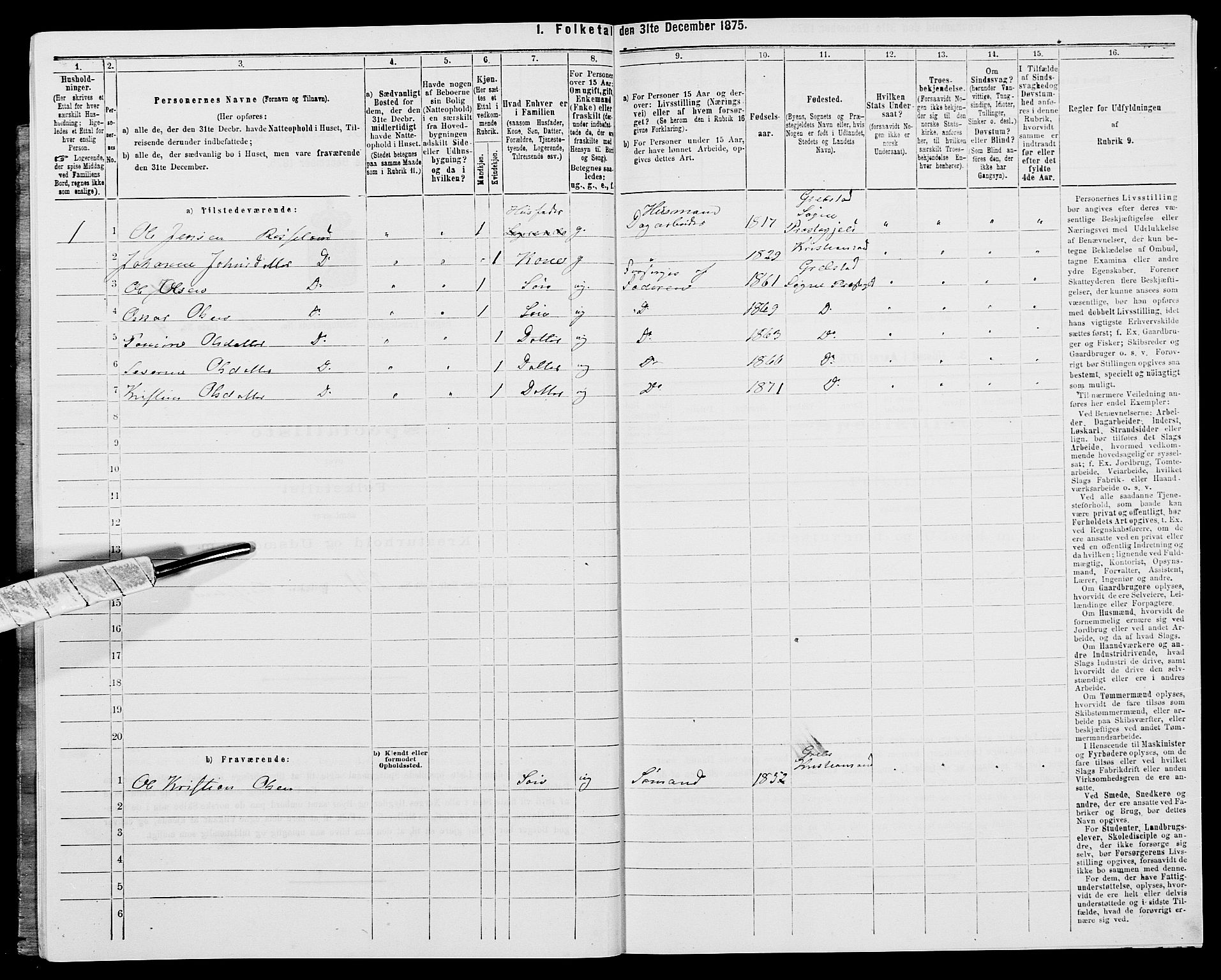 SAK, 1875 census for 1018P Søgne, 1875, p. 1122