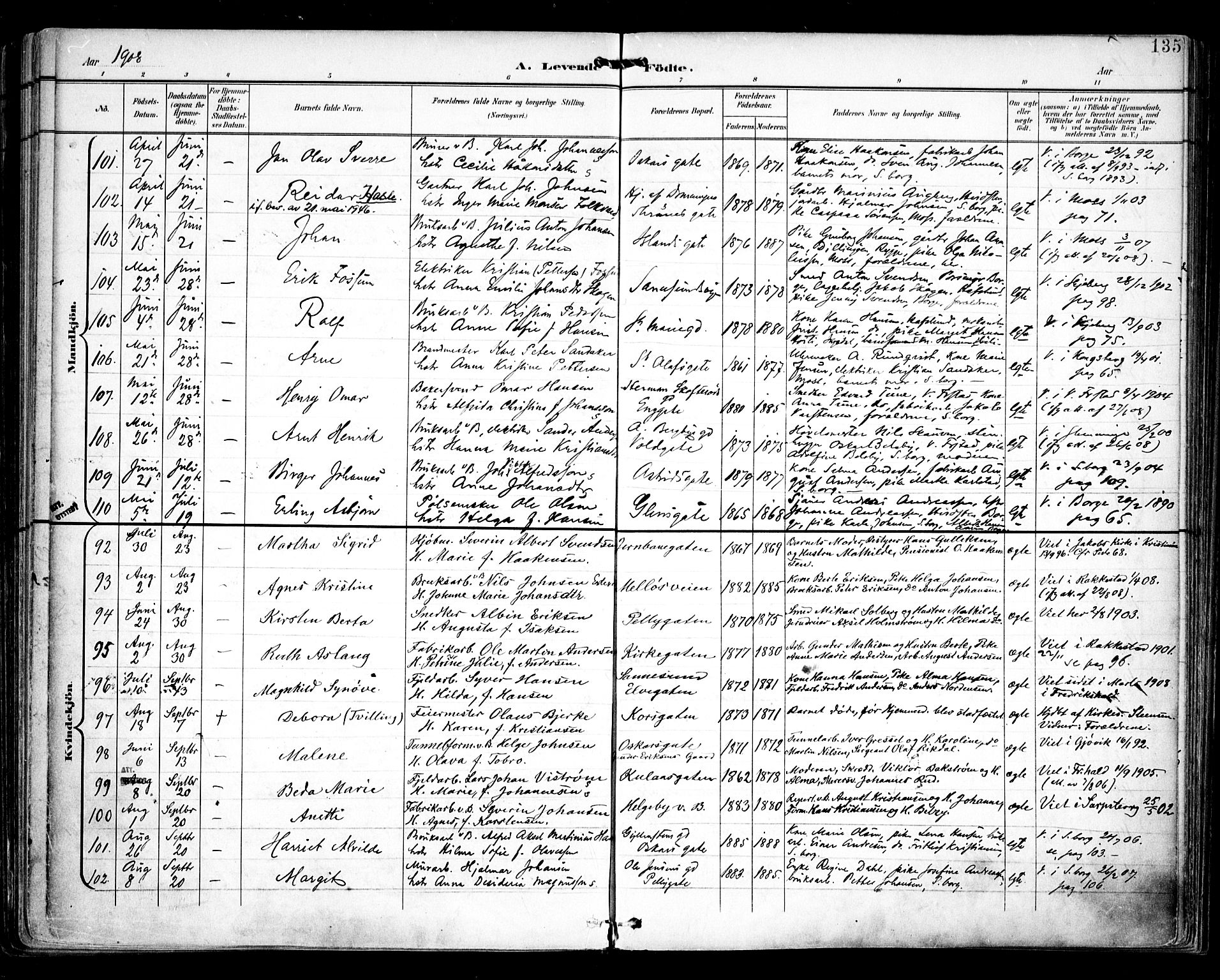 Sarpsborg prestekontor Kirkebøker, AV/SAO-A-2006/F/Fa/L0005: Parish register (official) no. 5, 1900-1909, p. 135