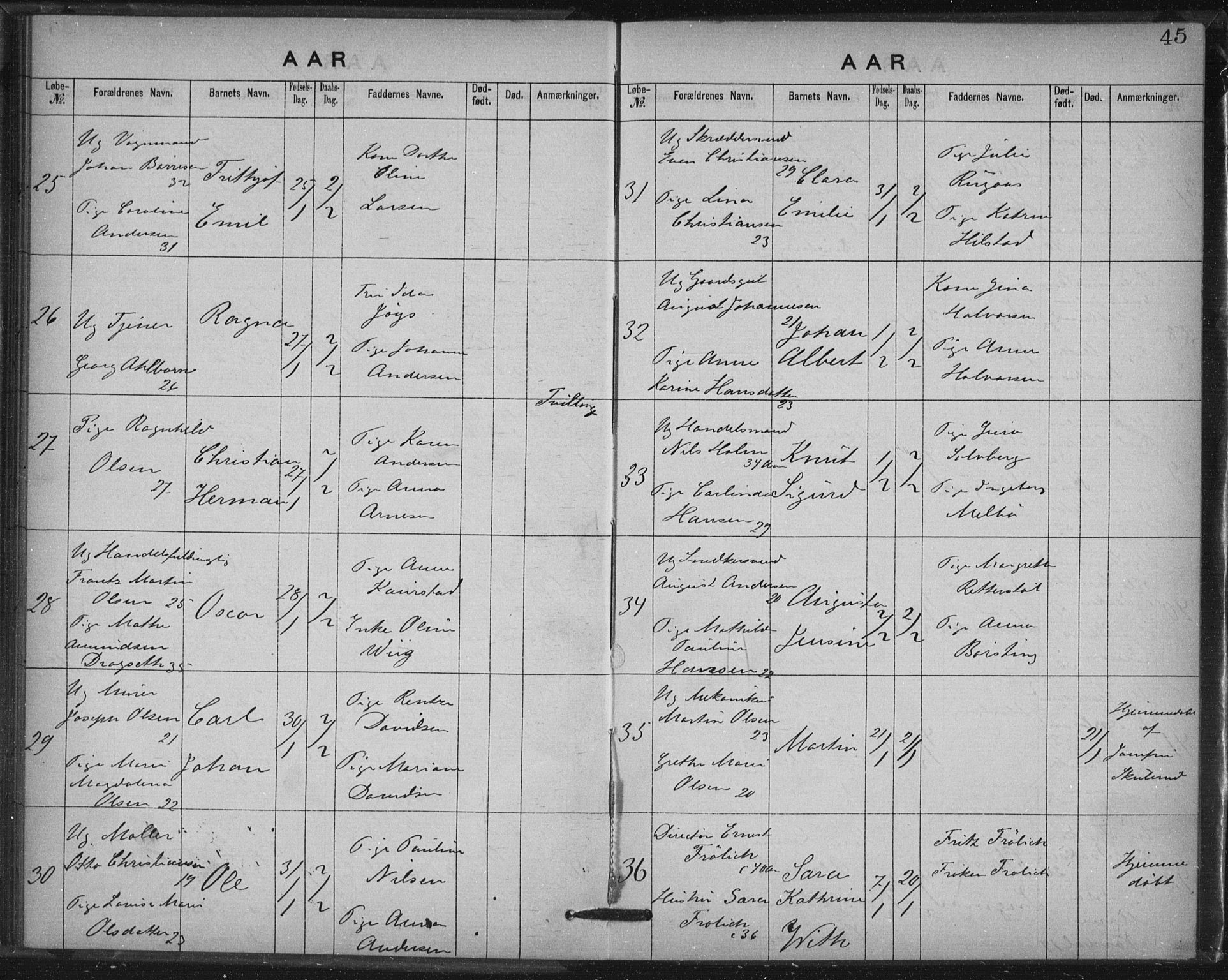 Rikshospitalet prestekontor Kirkebøker, AV/SAO-A-10309b/K/L0003/0001: Baptism register no. 3.1, 1877-1884, p. 45