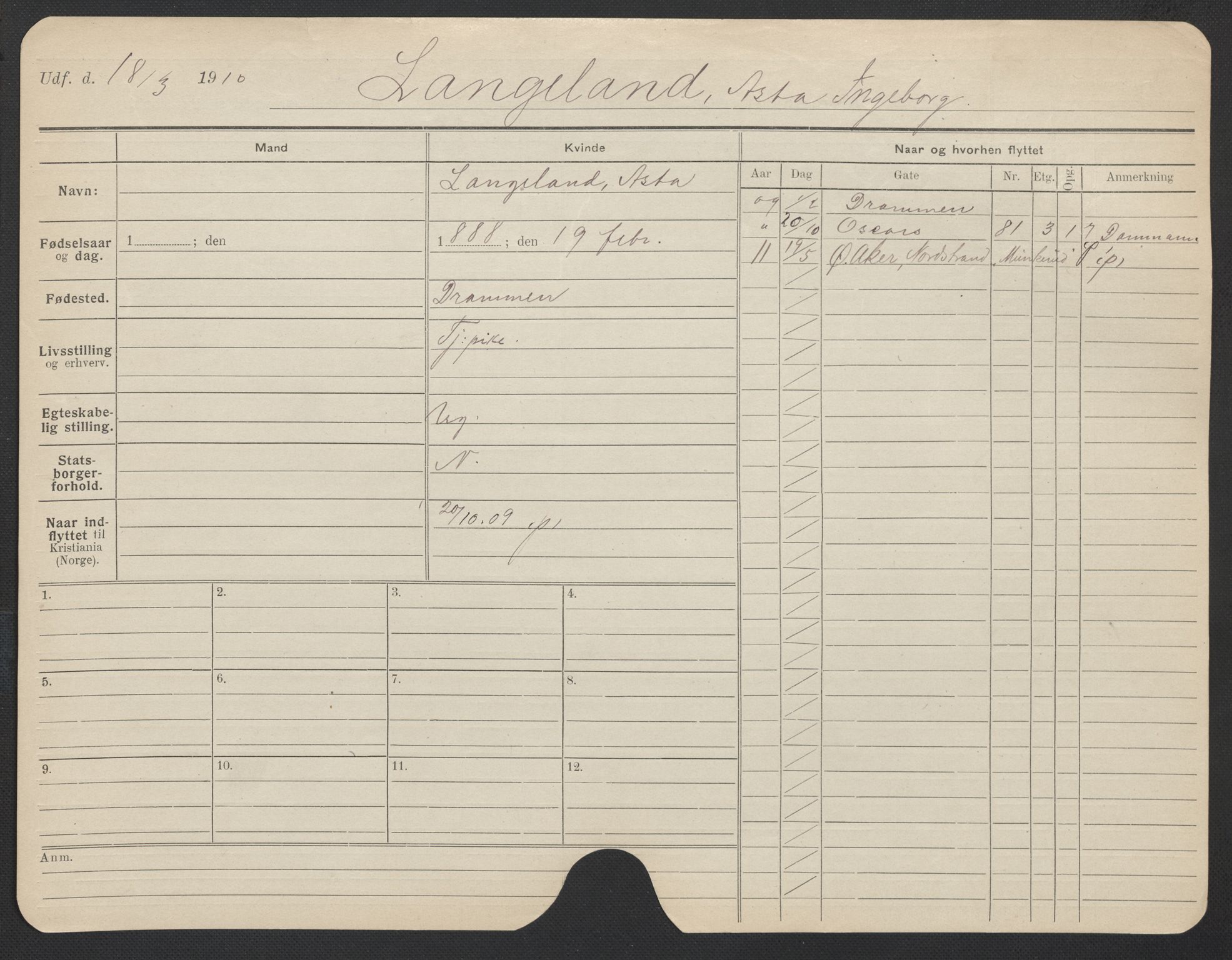 Oslo folkeregister, Registerkort, AV/SAO-A-11715/F/Fa/Fac/L0019: Kvinner, 1906-1914, p. 742a