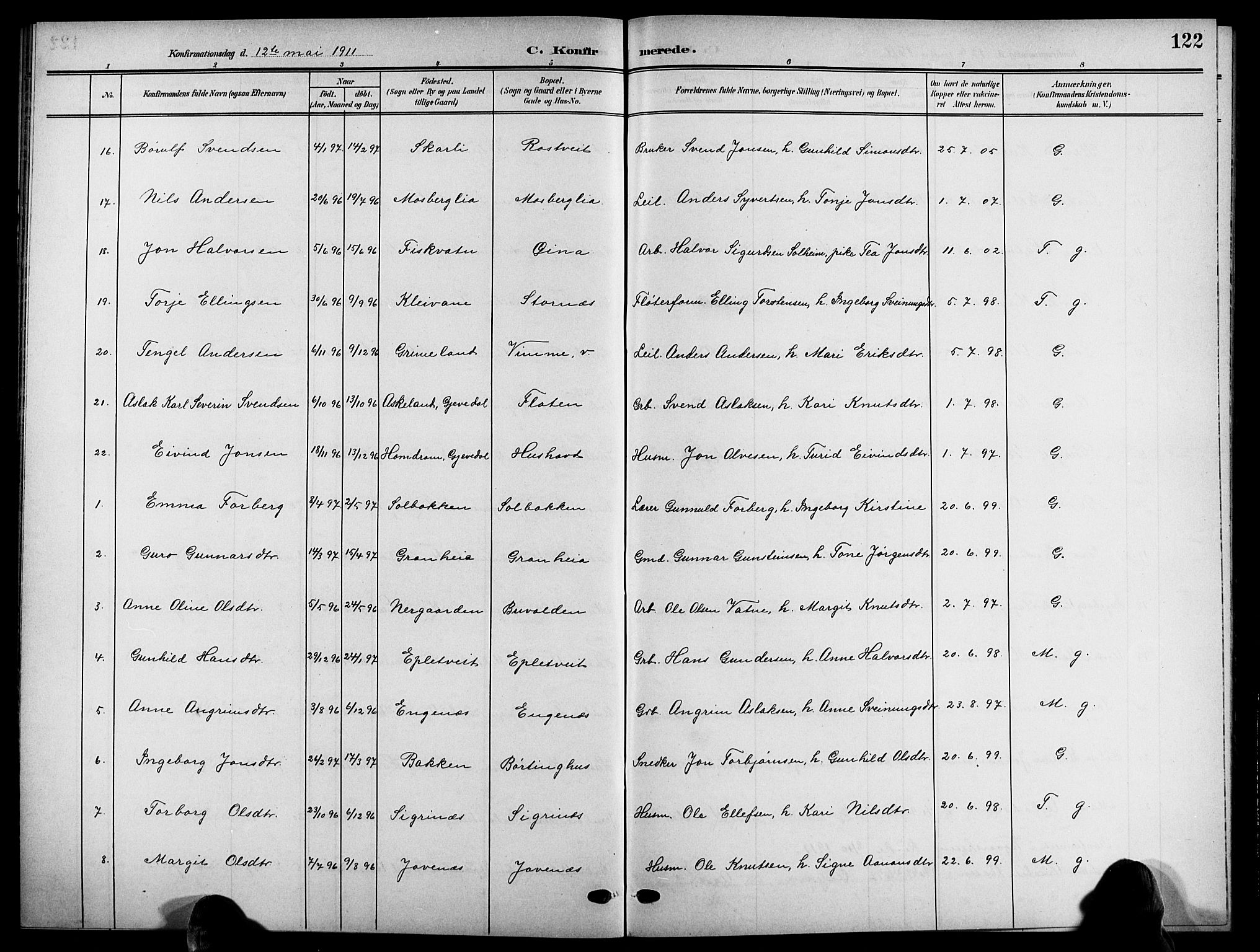 Åmli sokneprestkontor, SAK/1111-0050/F/Fb/Fbc/L0005: Parish register (copy) no. B 5, 1903-1916, p. 123