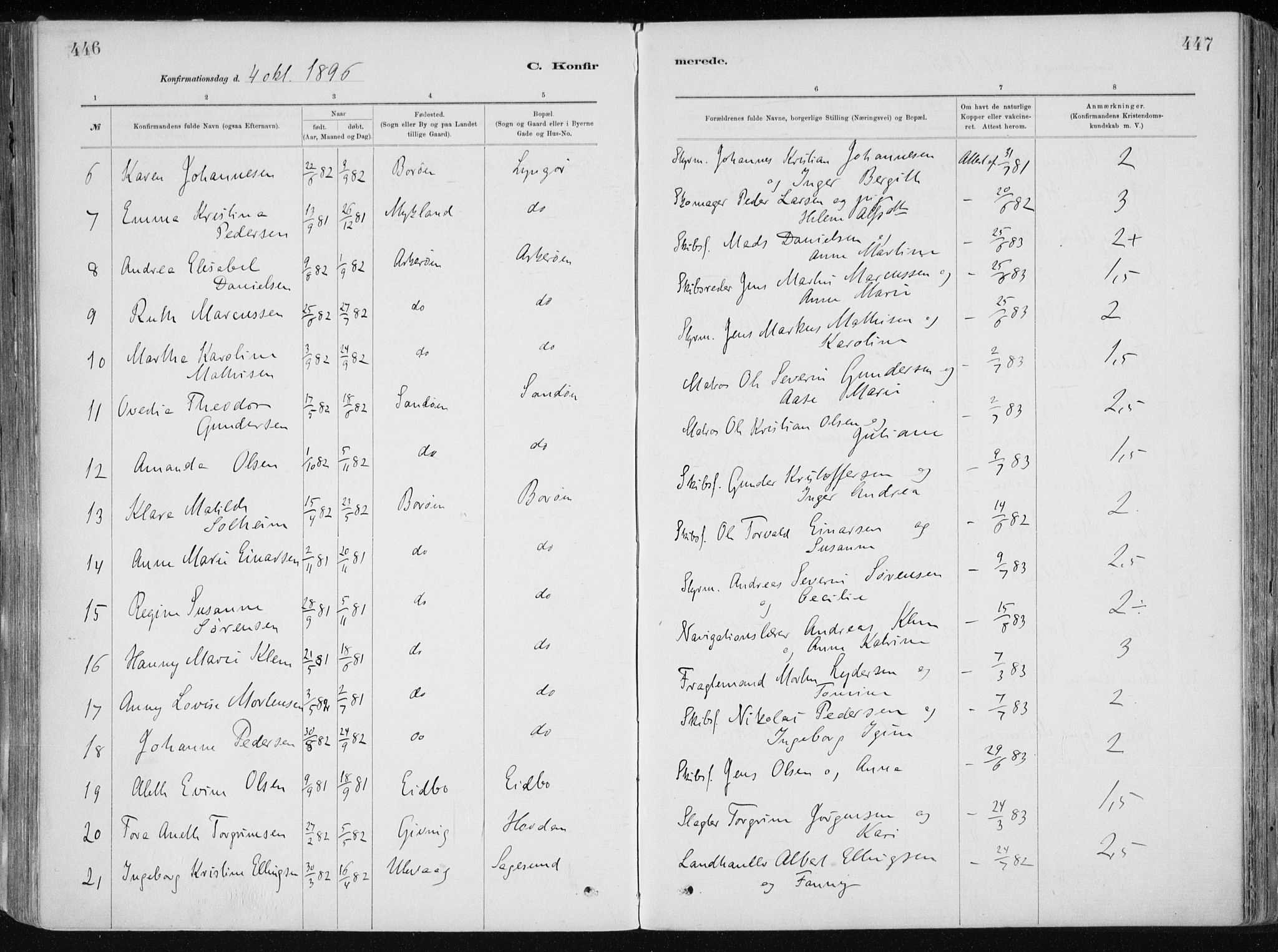 Dypvåg sokneprestkontor, SAK/1111-0007/F/Fa/Faa/L0008: Parish register (official) no. A 8, 1885-1906, p. 446-447