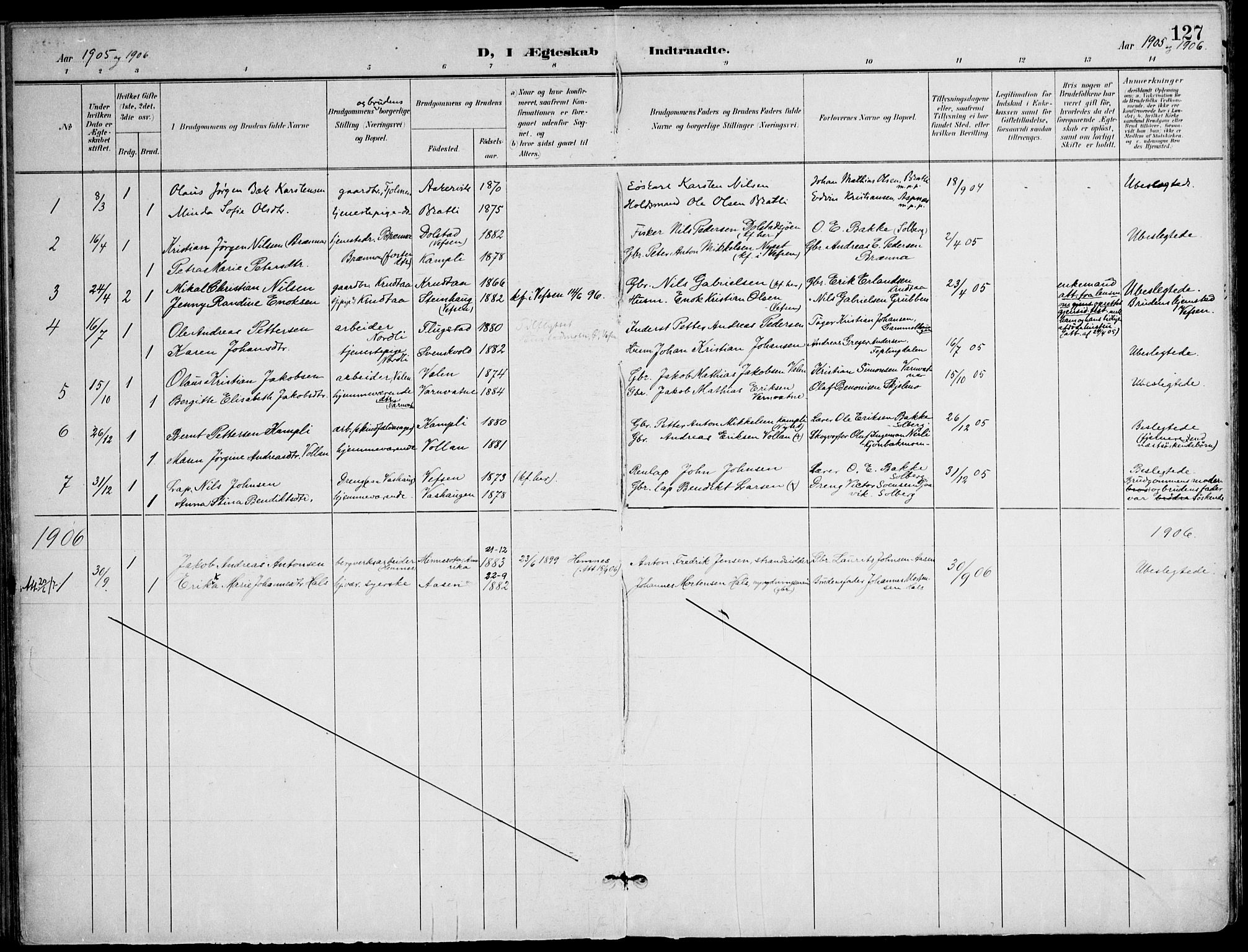 Ministerialprotokoller, klokkerbøker og fødselsregistre - Nordland, AV/SAT-A-1459/823/L0326: Parish register (official) no. 823A03, 1899-1919, p. 127