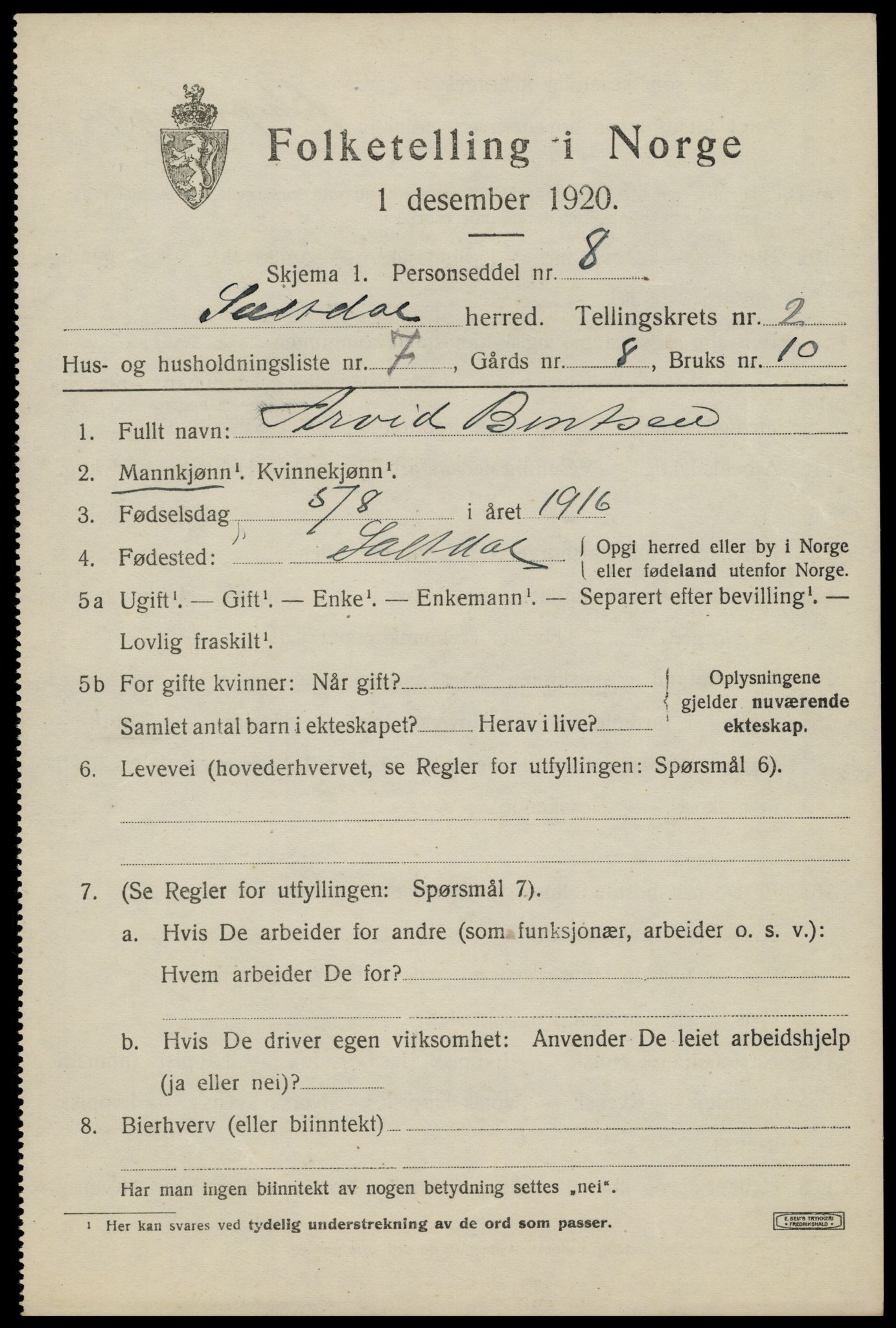 SAT, 1920 census for Saltdal, 1920, p. 2959