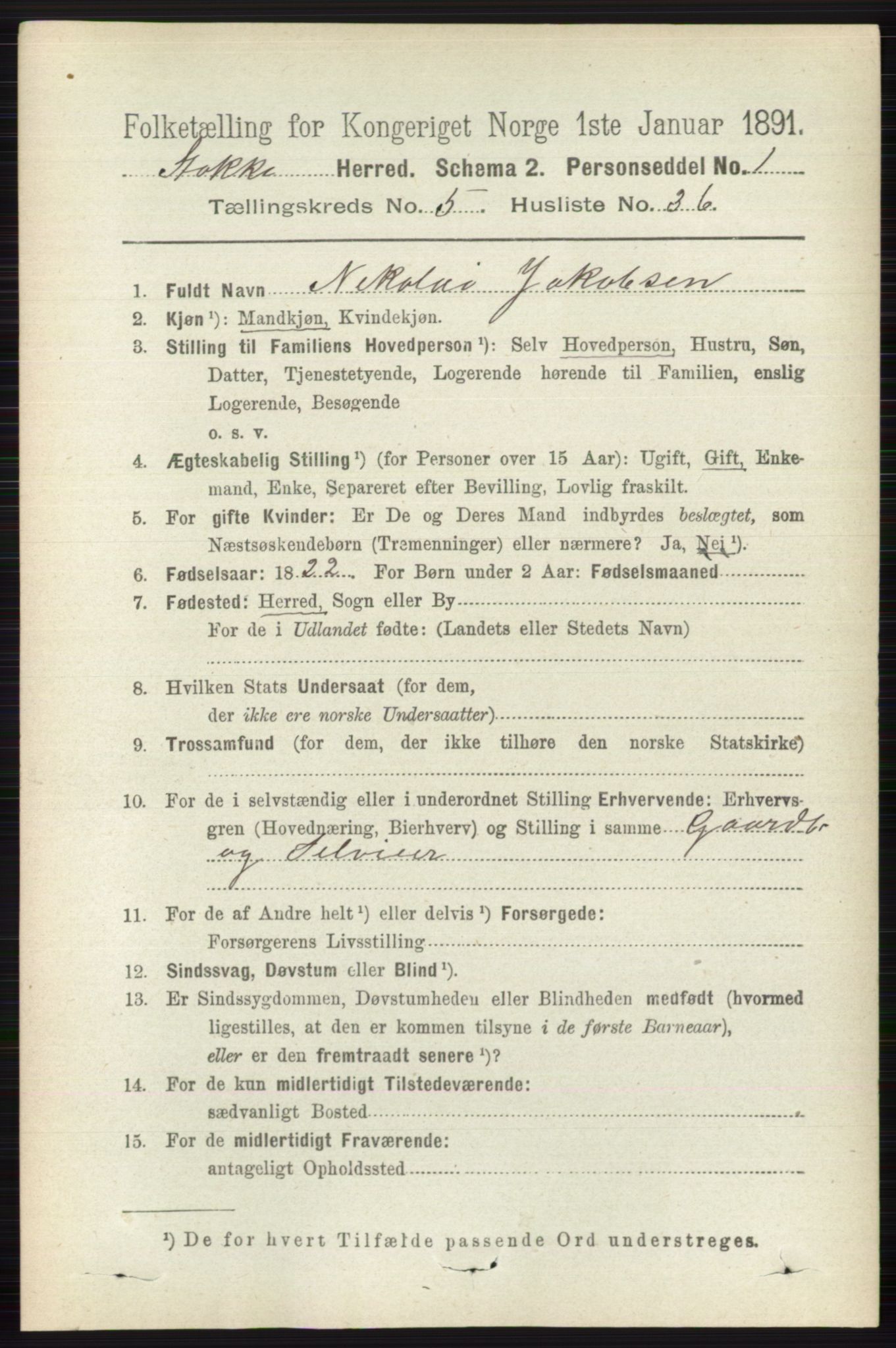 RA, 1891 census for 0720 Stokke, 1891, p. 3285