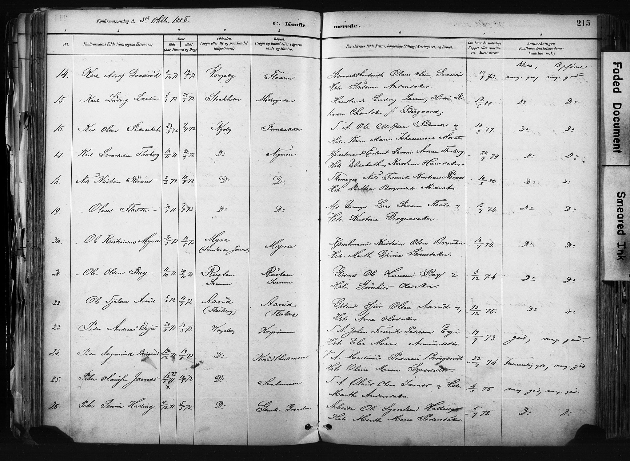 Kongsberg kirkebøker, AV/SAKO-A-22/F/Fb/L0002: Parish register (official) no. II 2, 1886-1896, p. 215