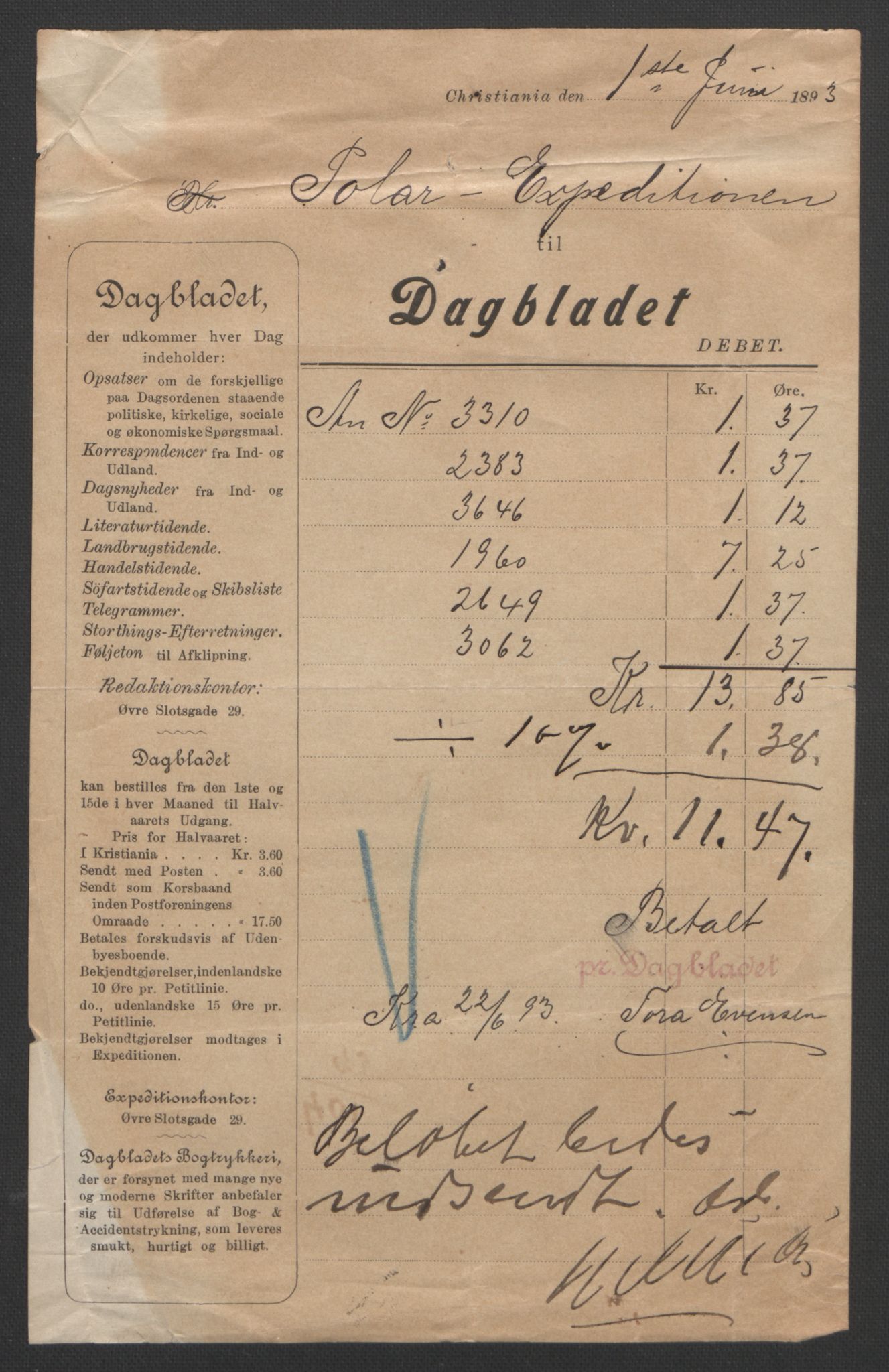 Arbeidskomitéen for Fridtjof Nansens polarekspedisjon, AV/RA-PA-0061/R/L0008/0004: Regnskapsbilag nr. 1-554 / Kassabilag 401-500, 1892-1893, p. 3