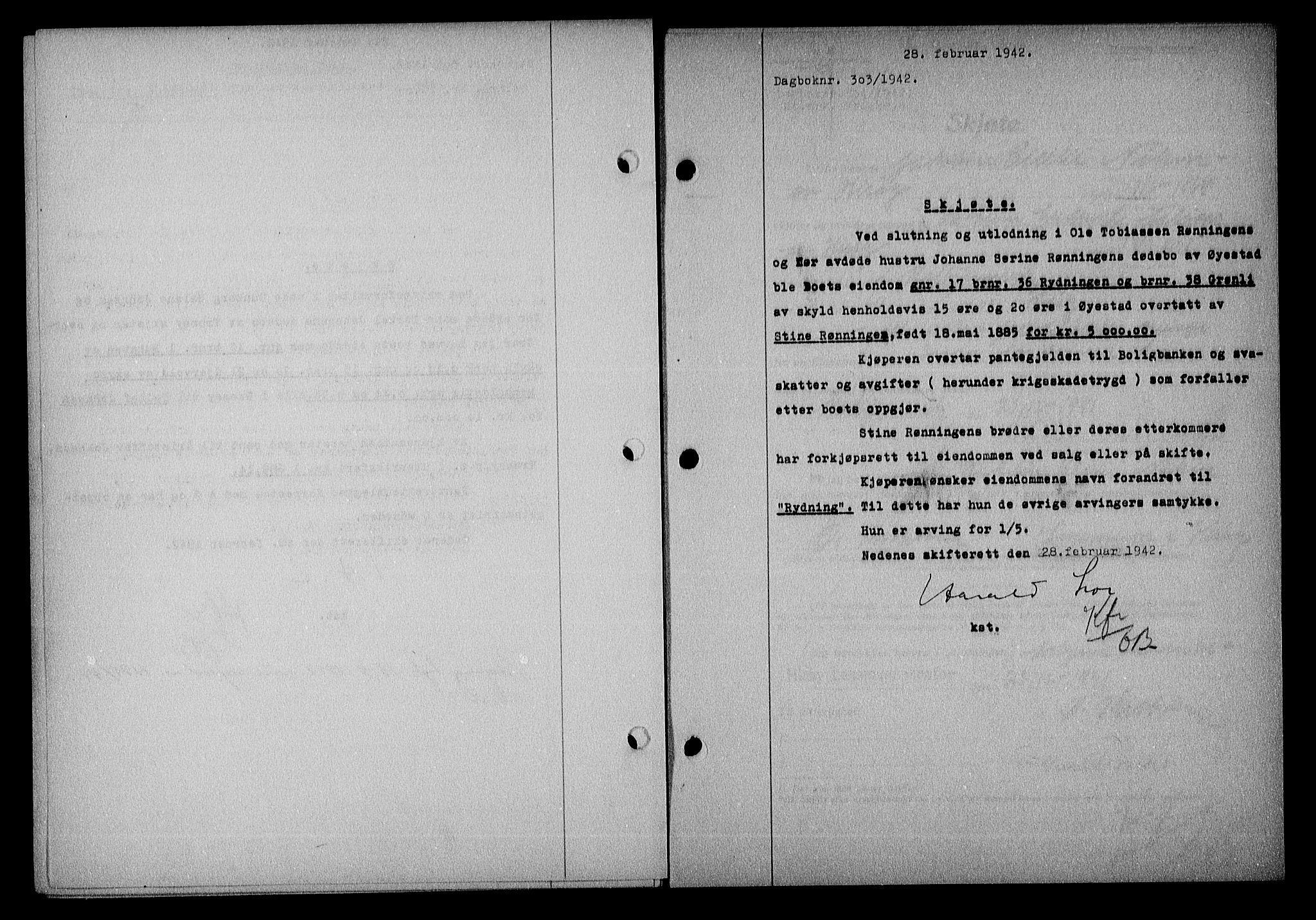 Nedenes sorenskriveri, SAK/1221-0006/G/Gb/Gba/L0049: Mortgage book no. A-III, 1941-1942, Diary no: : 303/1942