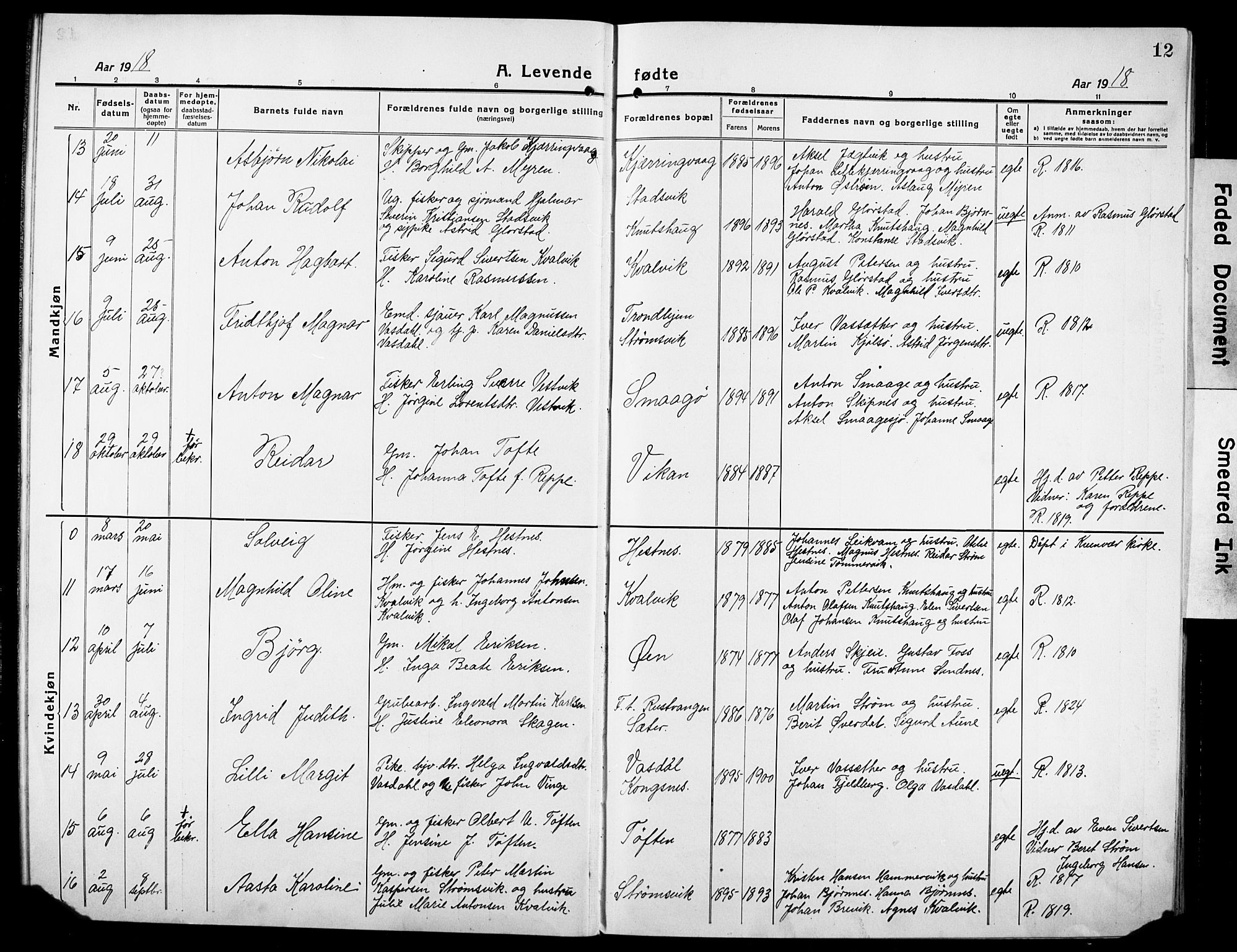 Ministerialprotokoller, klokkerbøker og fødselsregistre - Sør-Trøndelag, AV/SAT-A-1456/634/L0543: Parish register (copy) no. 634C05, 1917-1928, p. 12