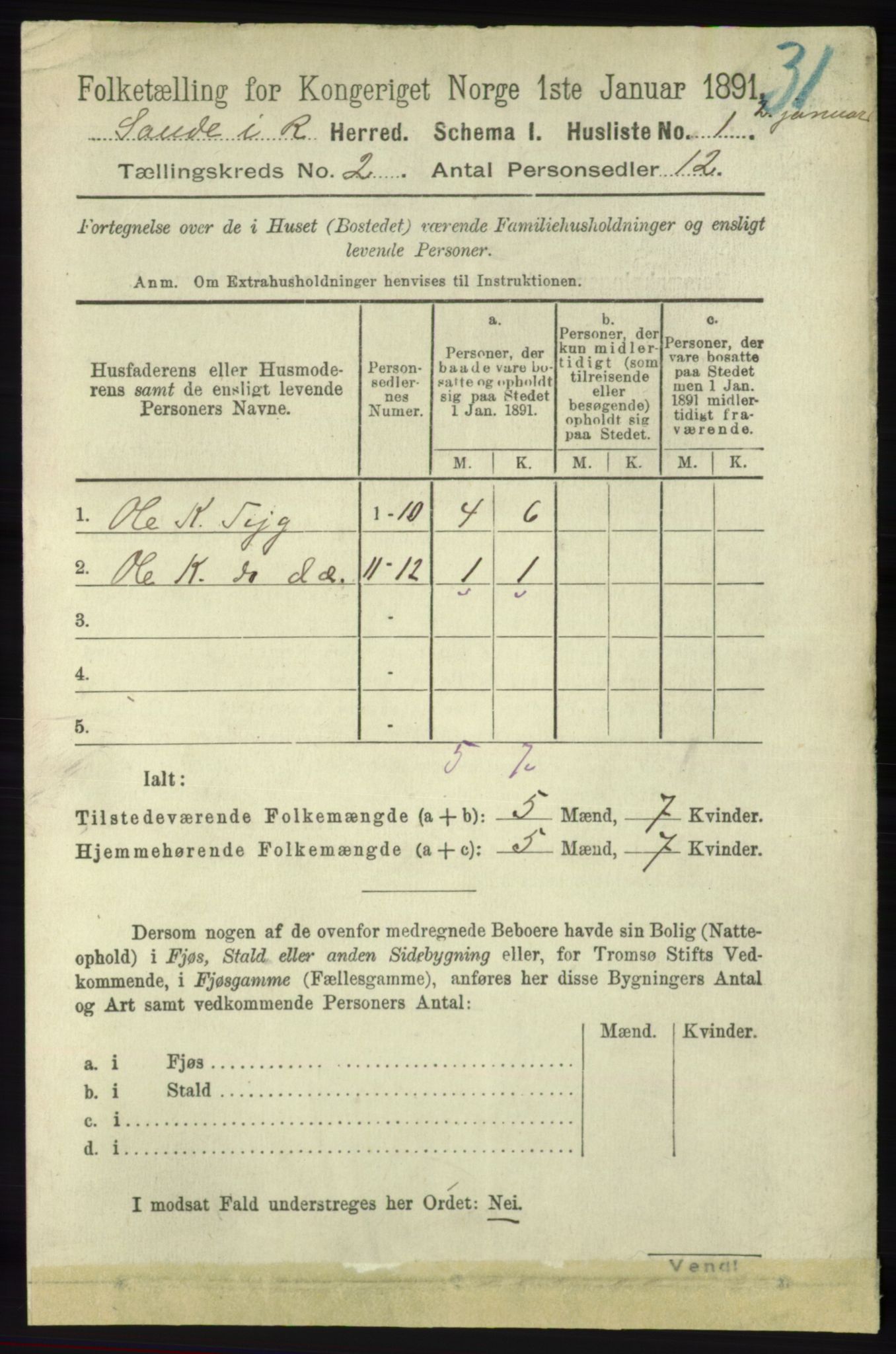 RA, 1891 census for 1135 Sauda, 1891, p. 524